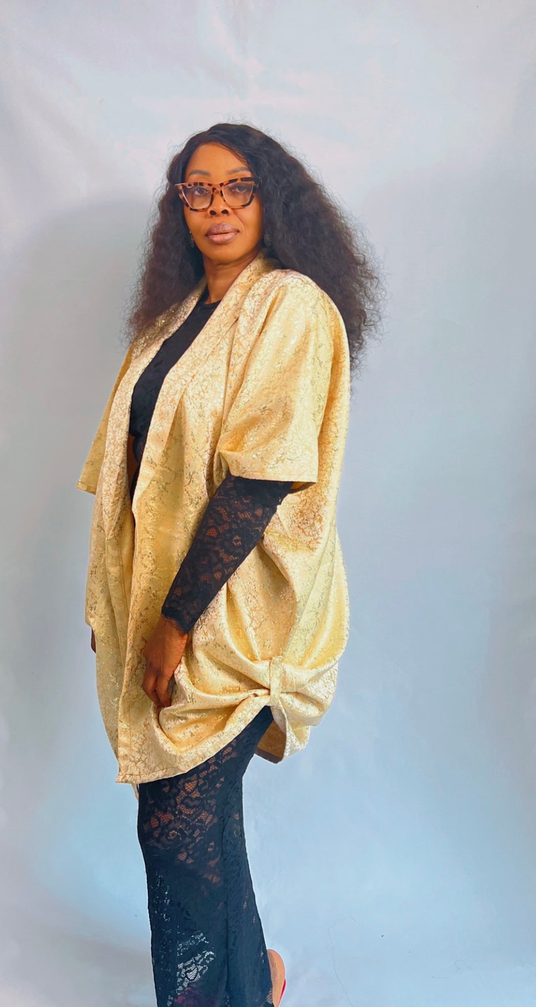 Brocade Shimmer Gold OverSize Jacket Robe Kimono with Loop - One Size - NLECHA