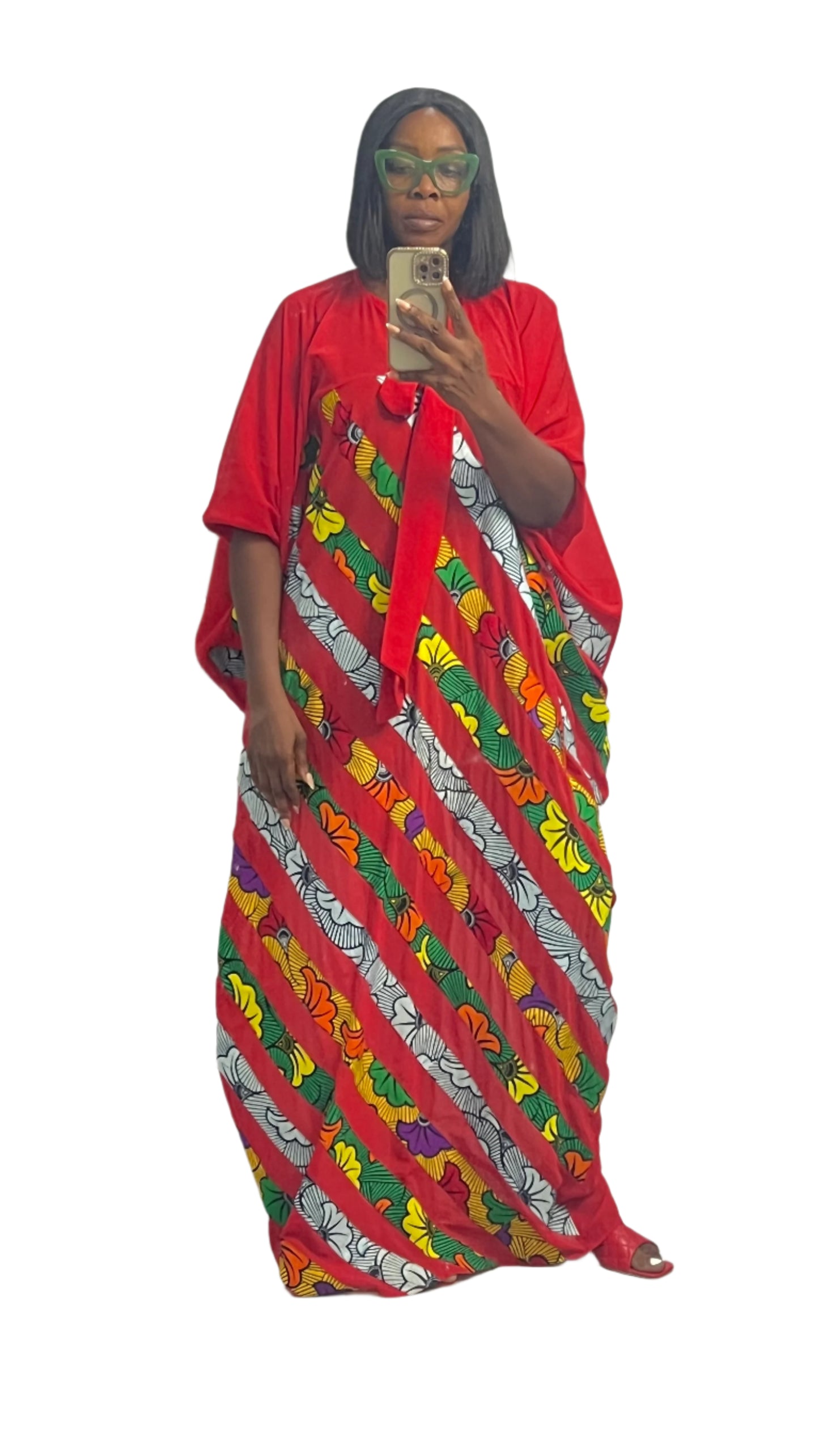Patchwork Ankara Chiffon Kaftan - 085 Red Black