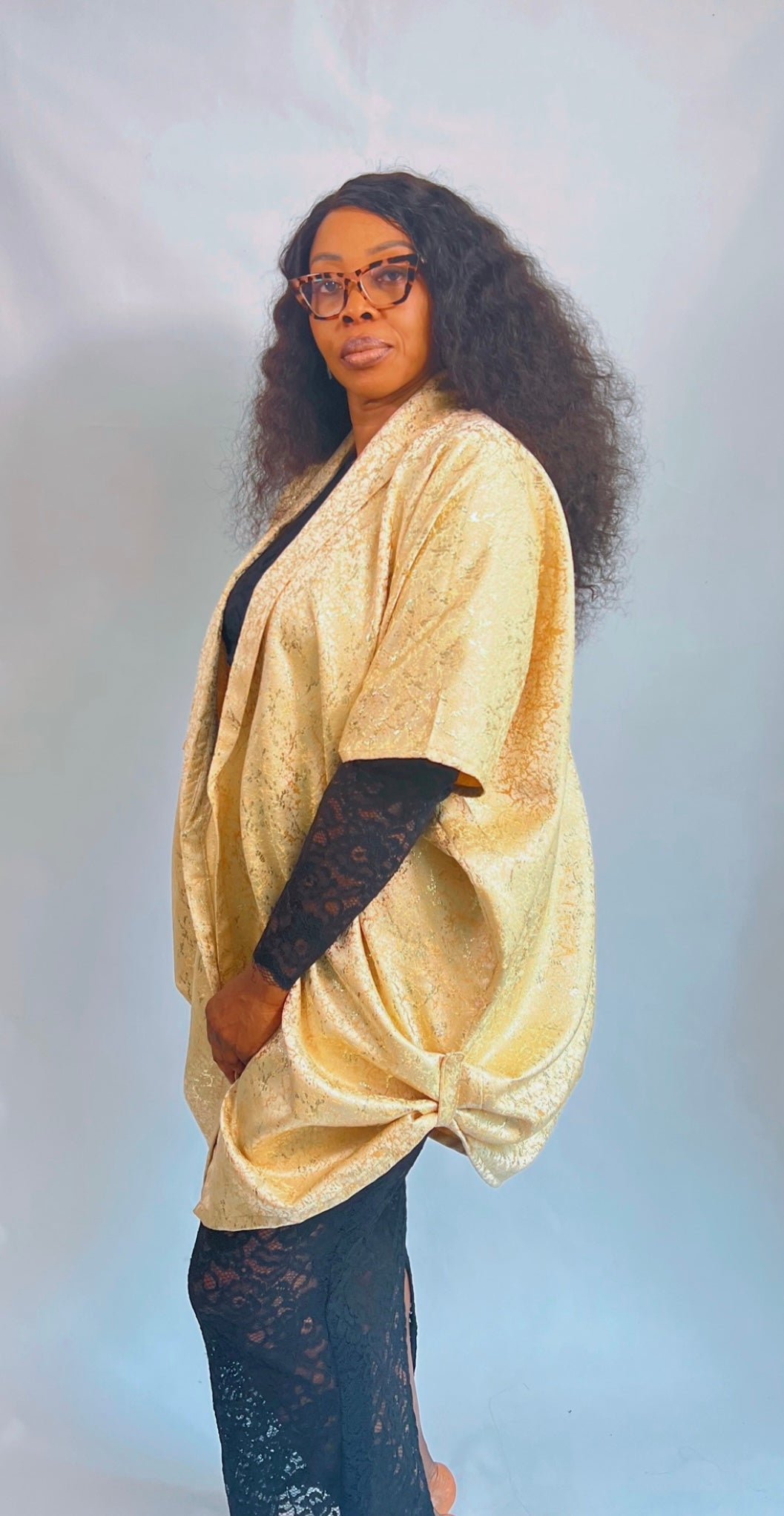 Brocade Shimmer Gold OverSize Jacket Robe Kimono with Loop - One Size - NLECHA