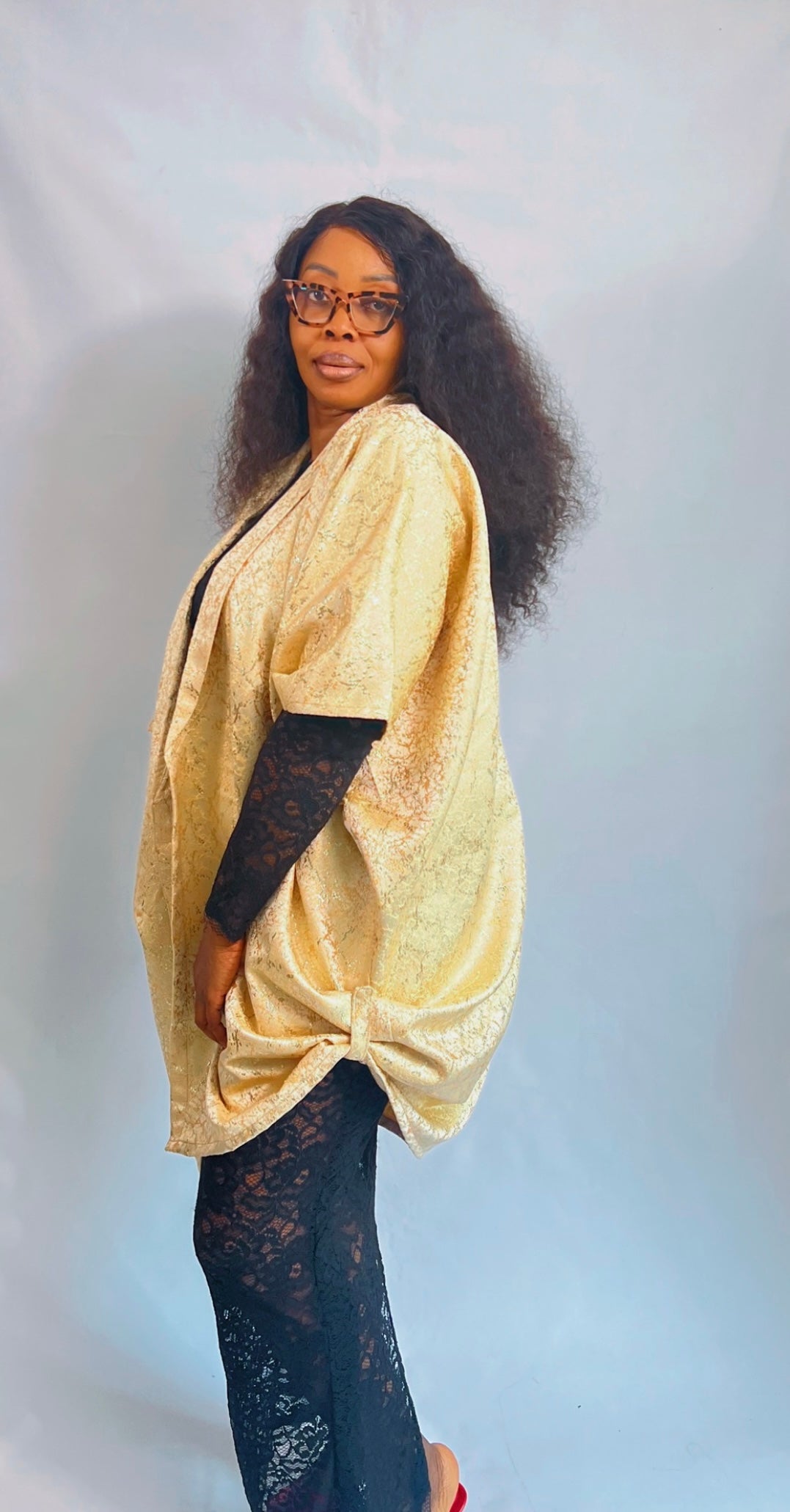 Brocade Shimmer Gold OverSize Jacket Robe Kimono with Loop - One Size - NLECHA