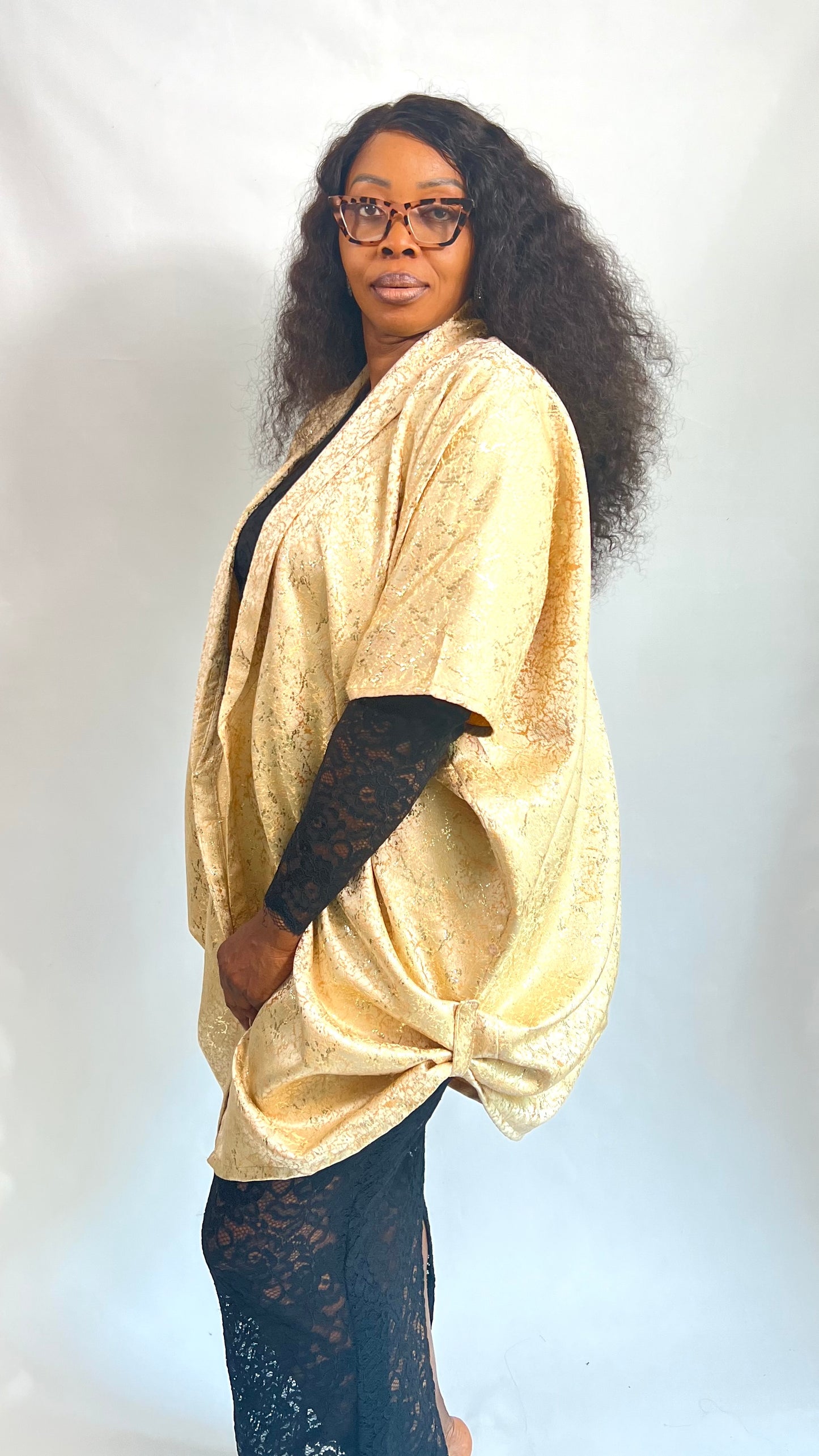 Brocade Shimmer Gold OverSize Jacket Robe Kimono with Loop - One Size - NLECHA