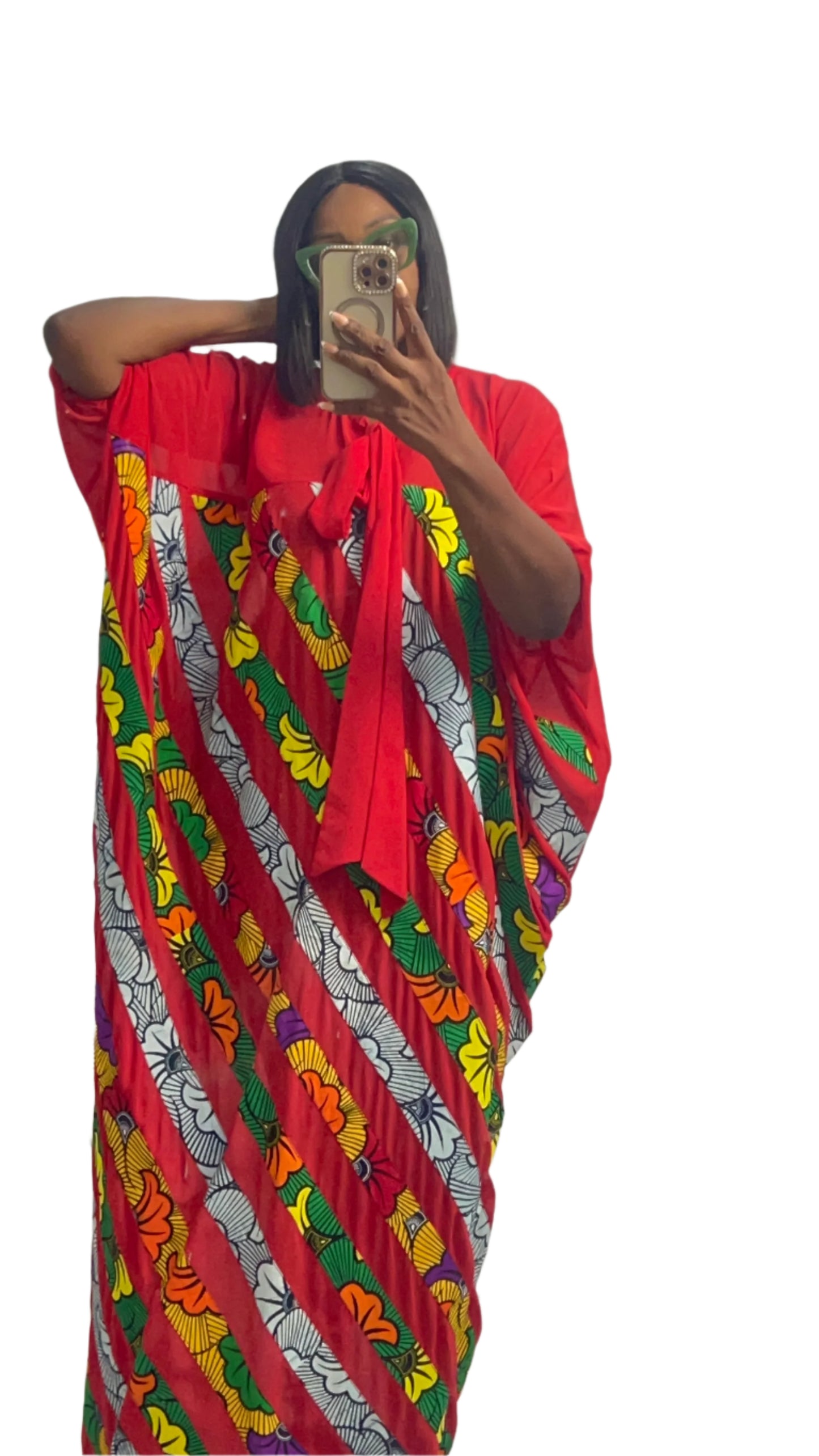 Patchwork Ankara Chiffon Kaftan - 085 Red Black