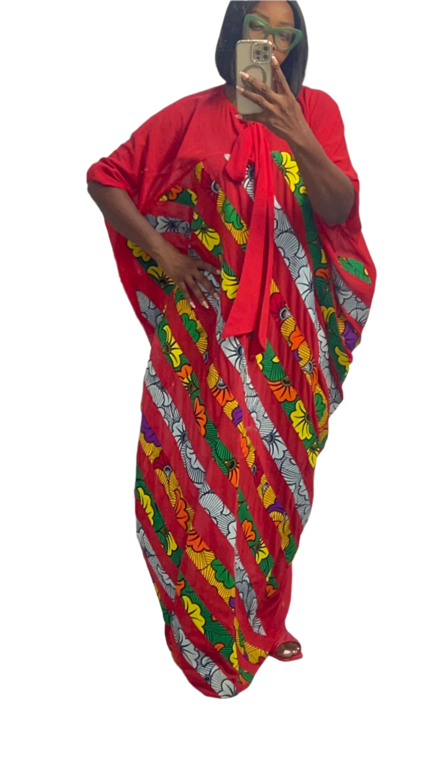 Patchwork Ankara Chiffon Kaftan - 085 Red Black