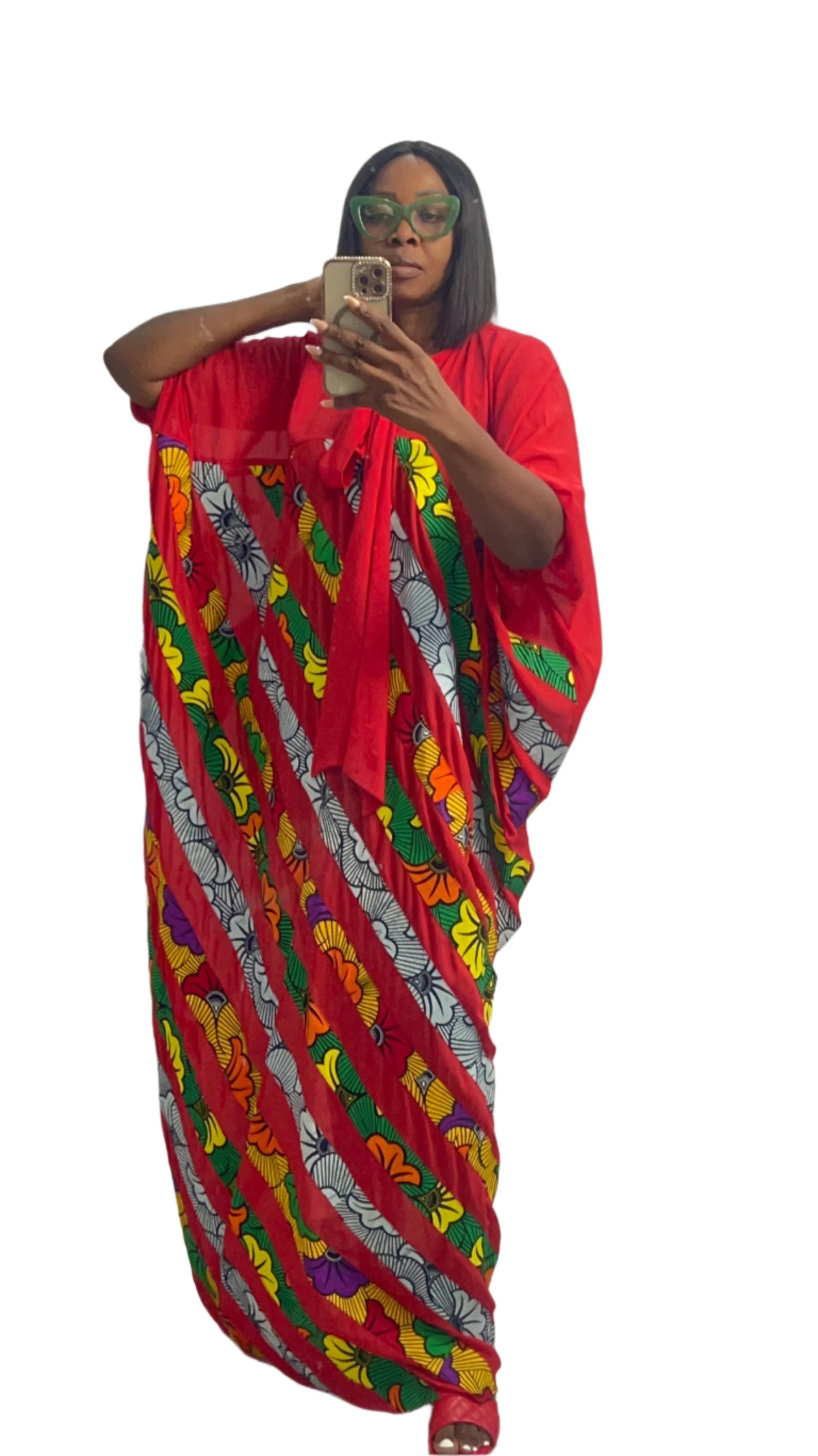 Patchwork Ankara Chiffon Kaftan - 085 Red Black