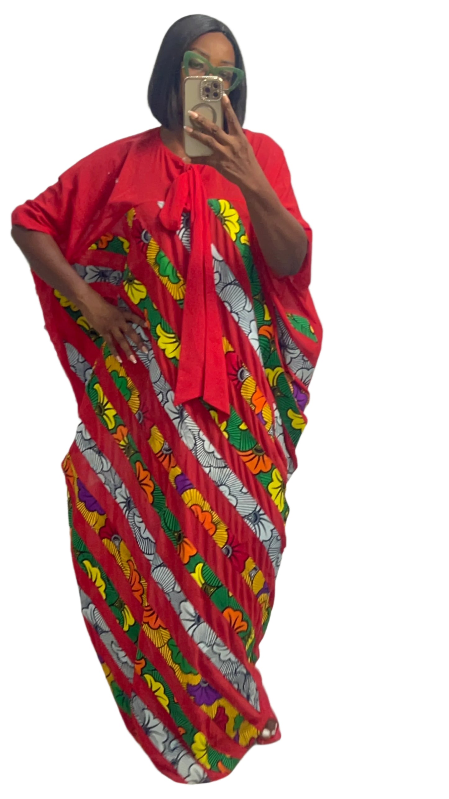 Patchwork Ankara Chiffon Kaftan - 085 Red Black