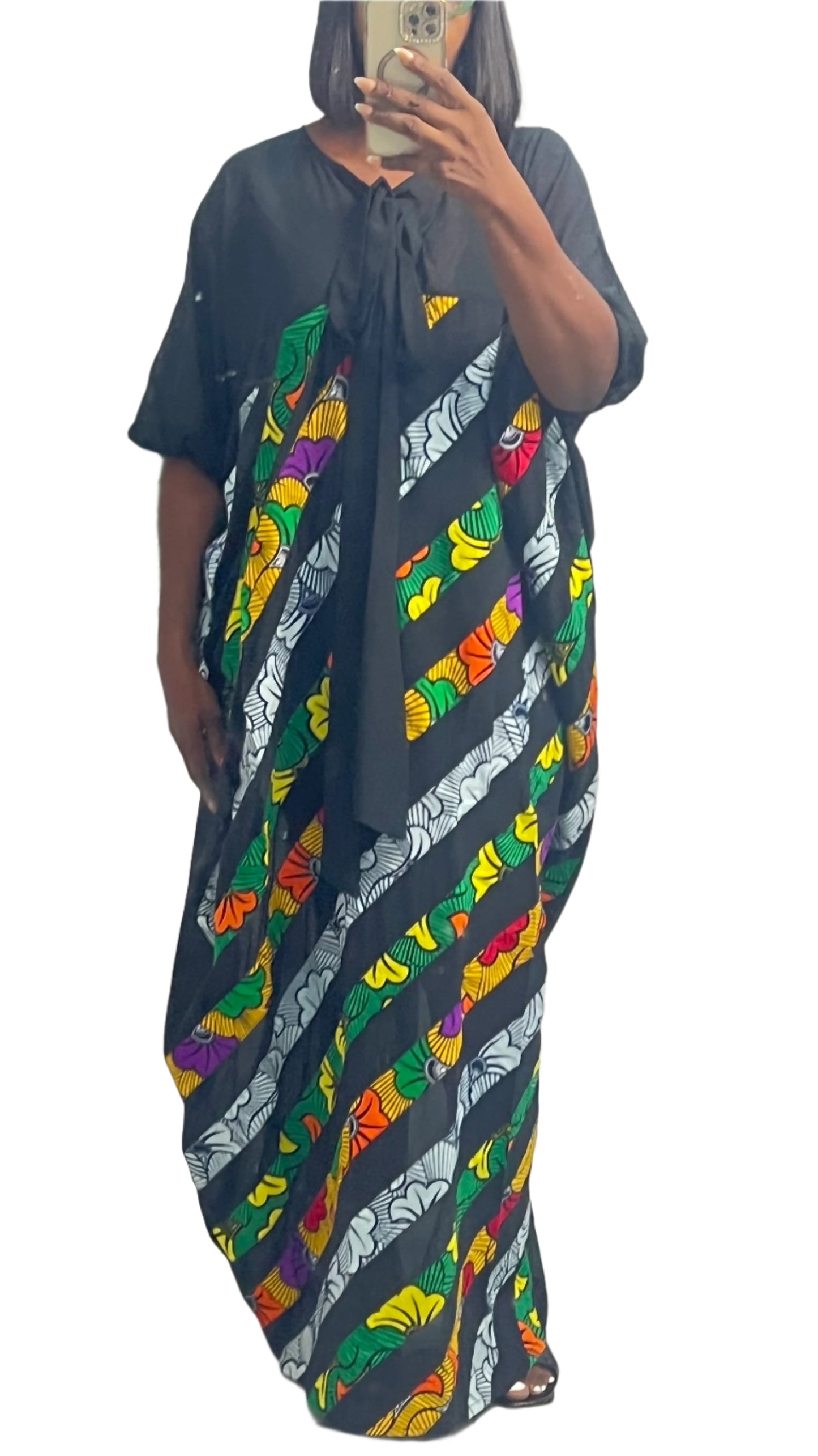 Patchwork Ankara Chiffon Kaftan - 085 Red Black