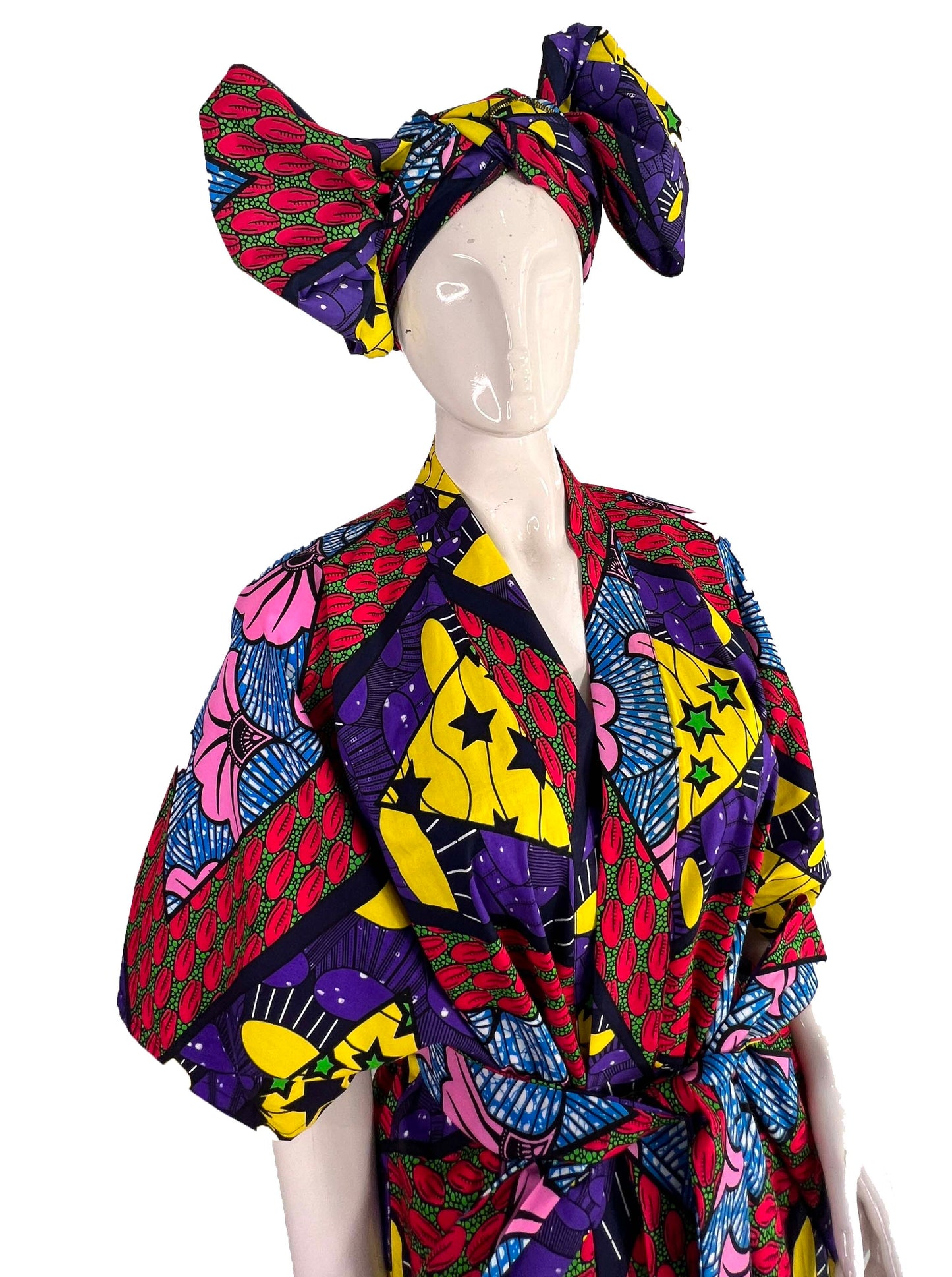 ADAUGO African Print Ankara 100% Cotton Oversize duster Kimono with pockets and scarf - Knee Length