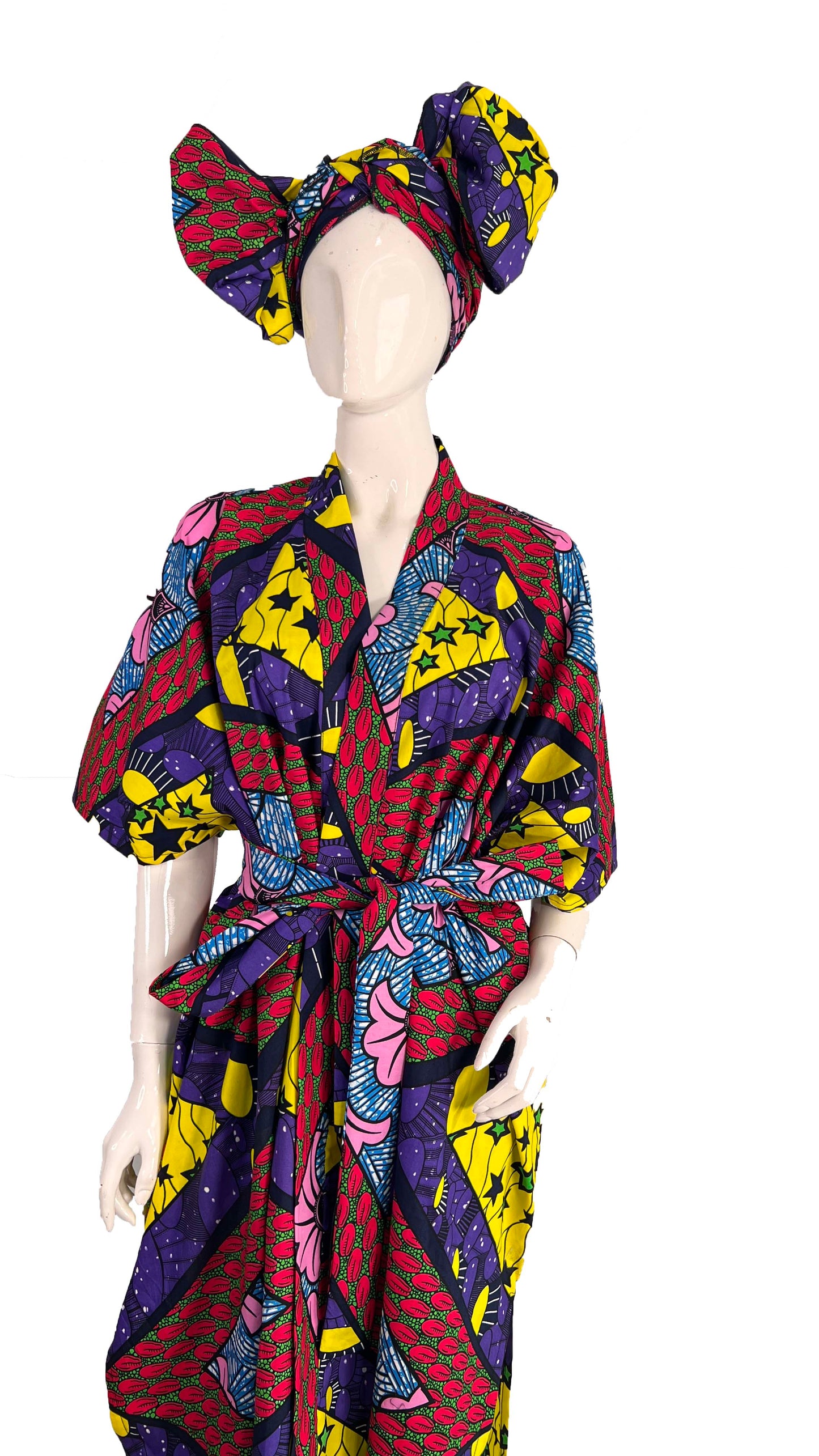 ADAUGO African Print Ankara 100% Cotton Oversize duster Kimono with pockets and scarf - Knee Length