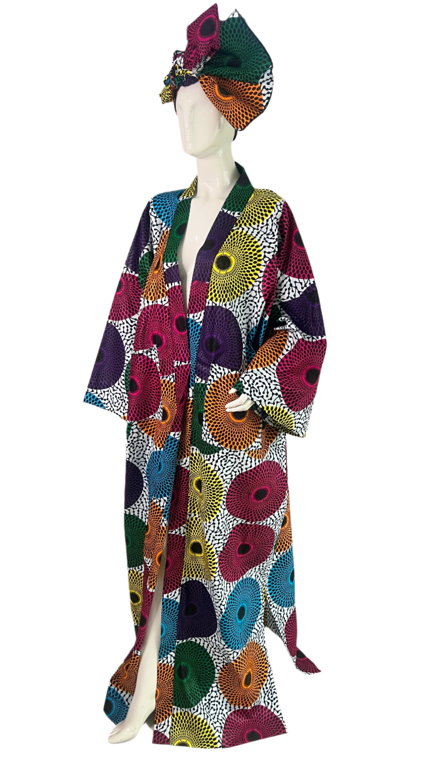 African Print Ankara 100% Cotton Oversize duster Kimono with pockets and scarf - 046 Tall Length