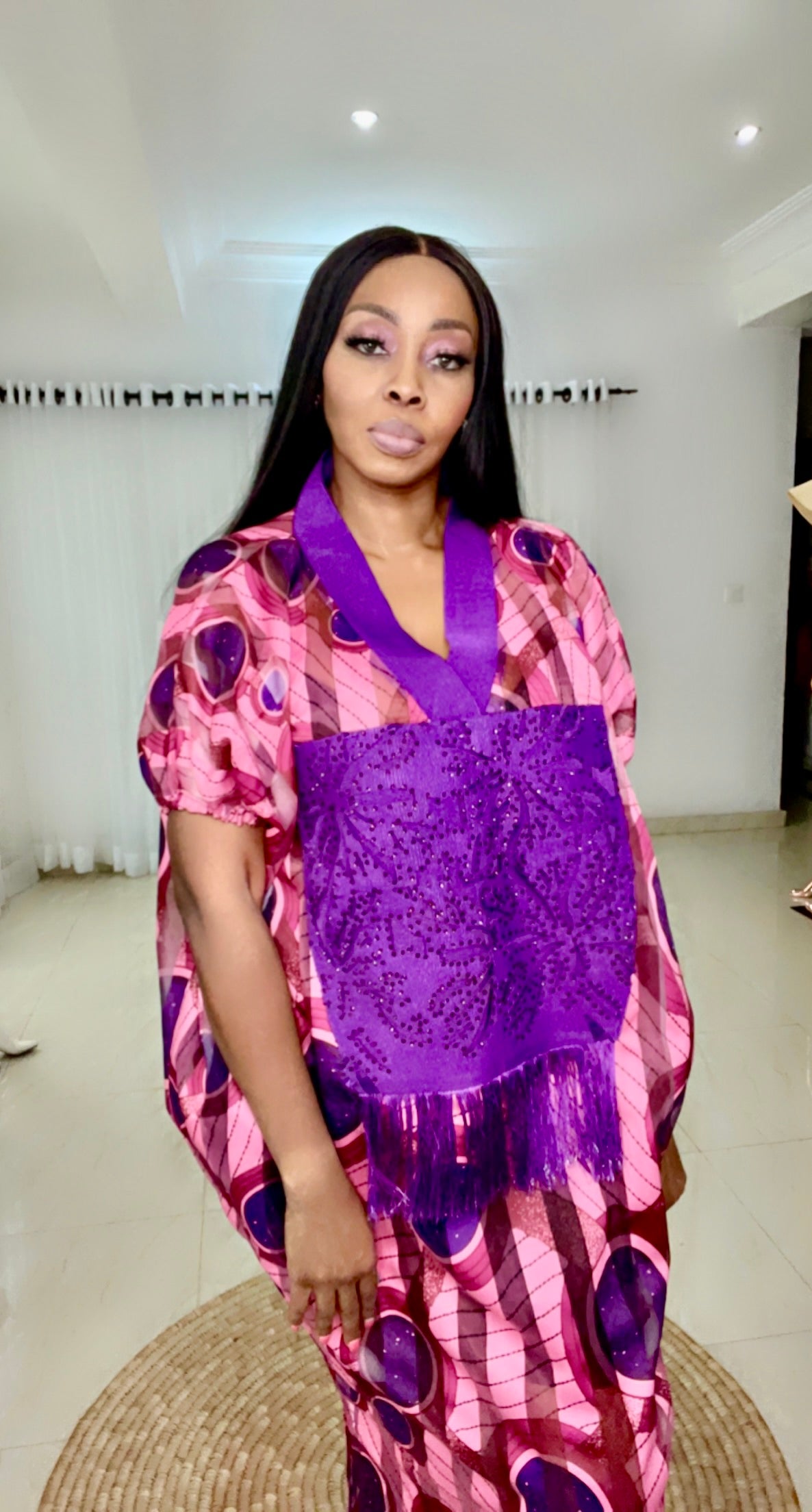 Purple Stripe Organza Kaftan with stoned front - 086