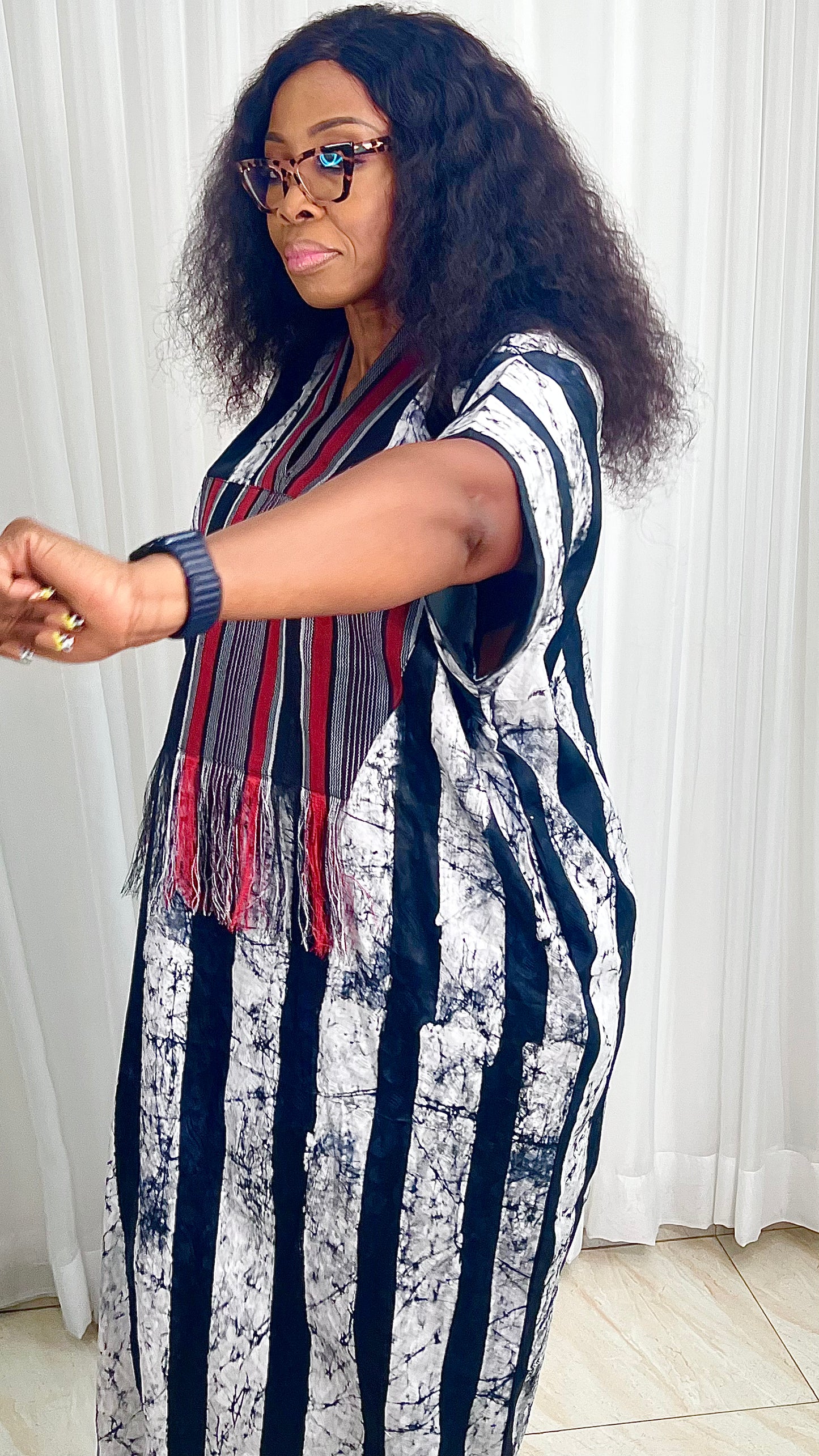 Eezzy Batik Brocade Blk/White/Red Kaftan Maxi Dress - 007