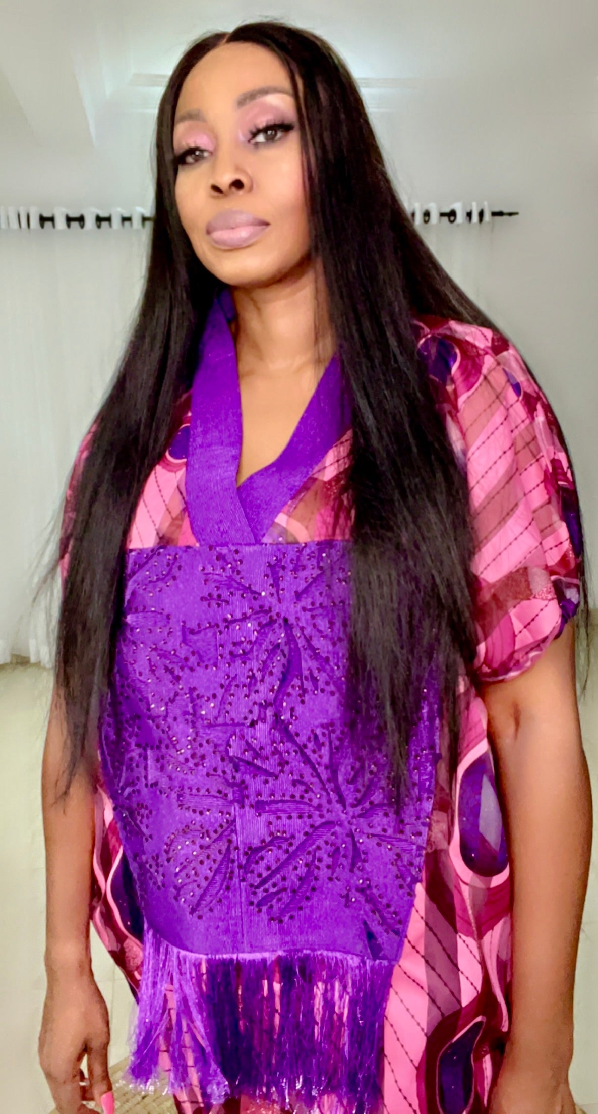 Purple Stripe Organza Kaftan with stoned front - 086