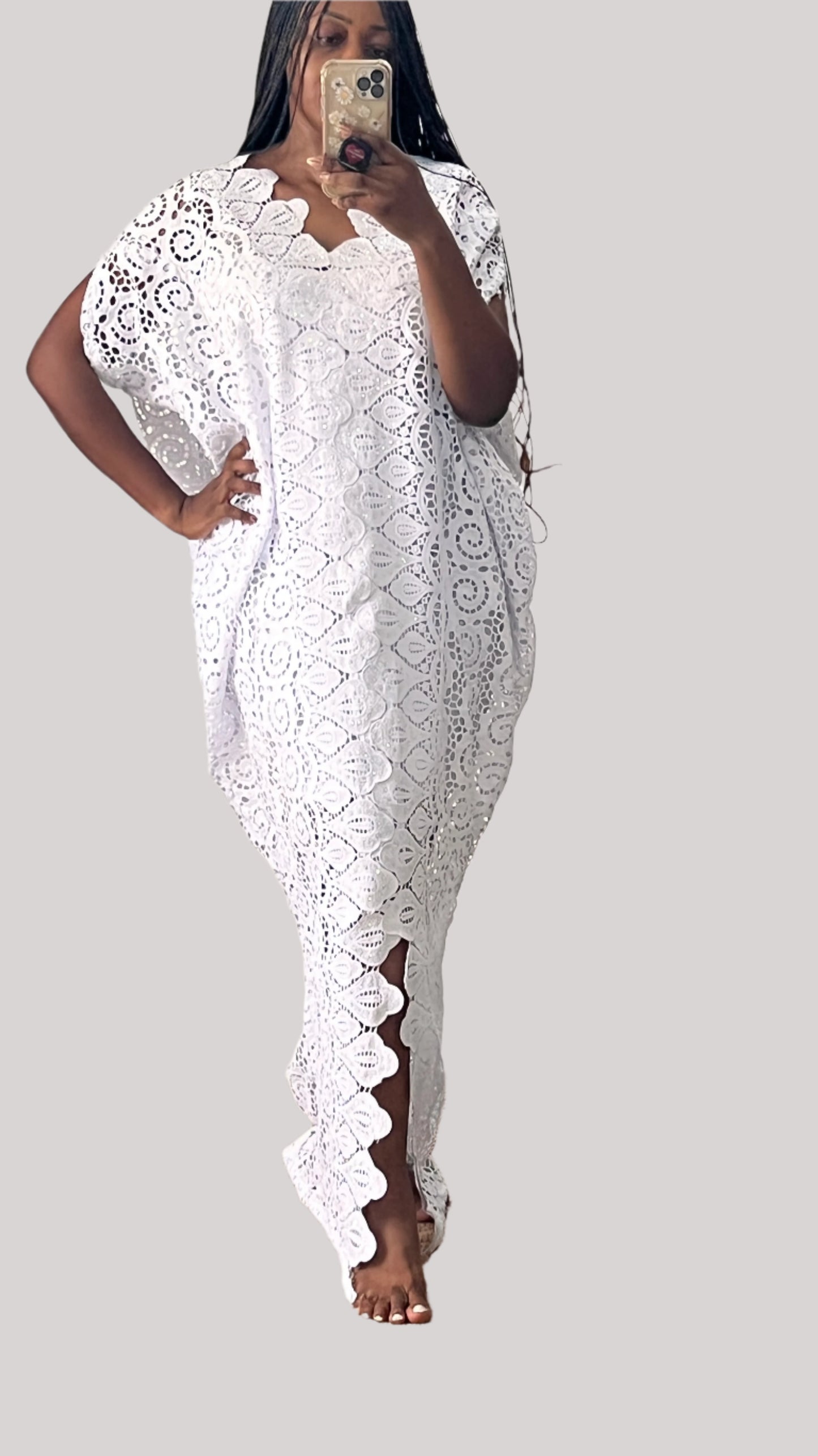 White Lace Kaftan Evening Gown/maxi Dress - 058