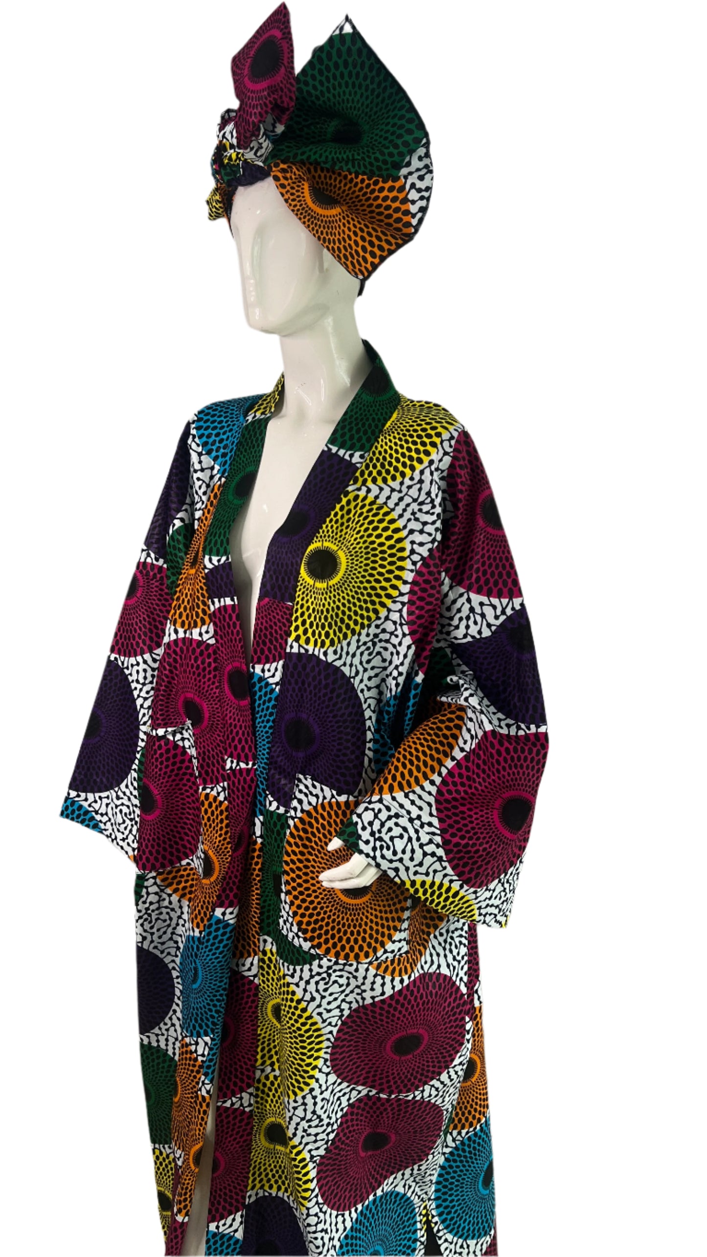 African Print Ankara 100% Cotton Oversize duster Kimono with pockets and scarf - 046 Tall Length