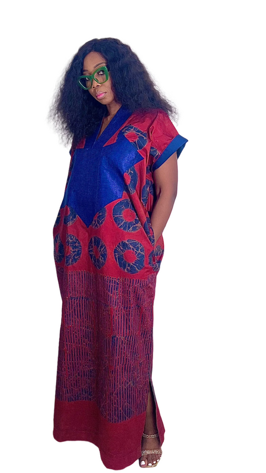 Adire Batik Tye Dye Cotton kaftan BouBou Caftan Shirt dress Summer Beach wear Evening wear maxi gown with slit - 062