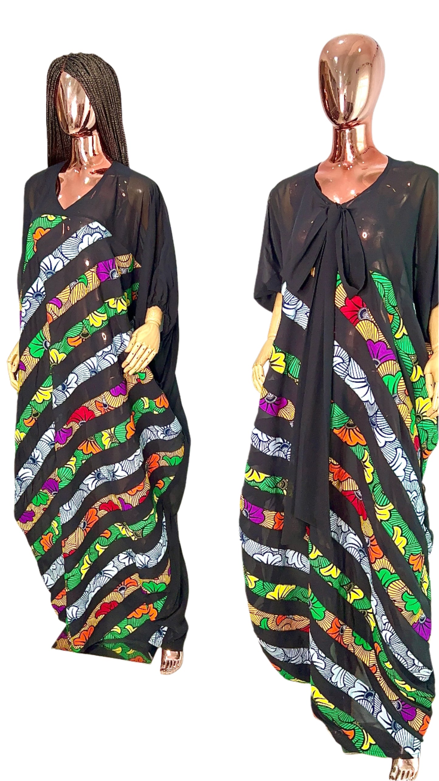 Patchwork Ankara Chiffon Kaftan - 085 Red Black