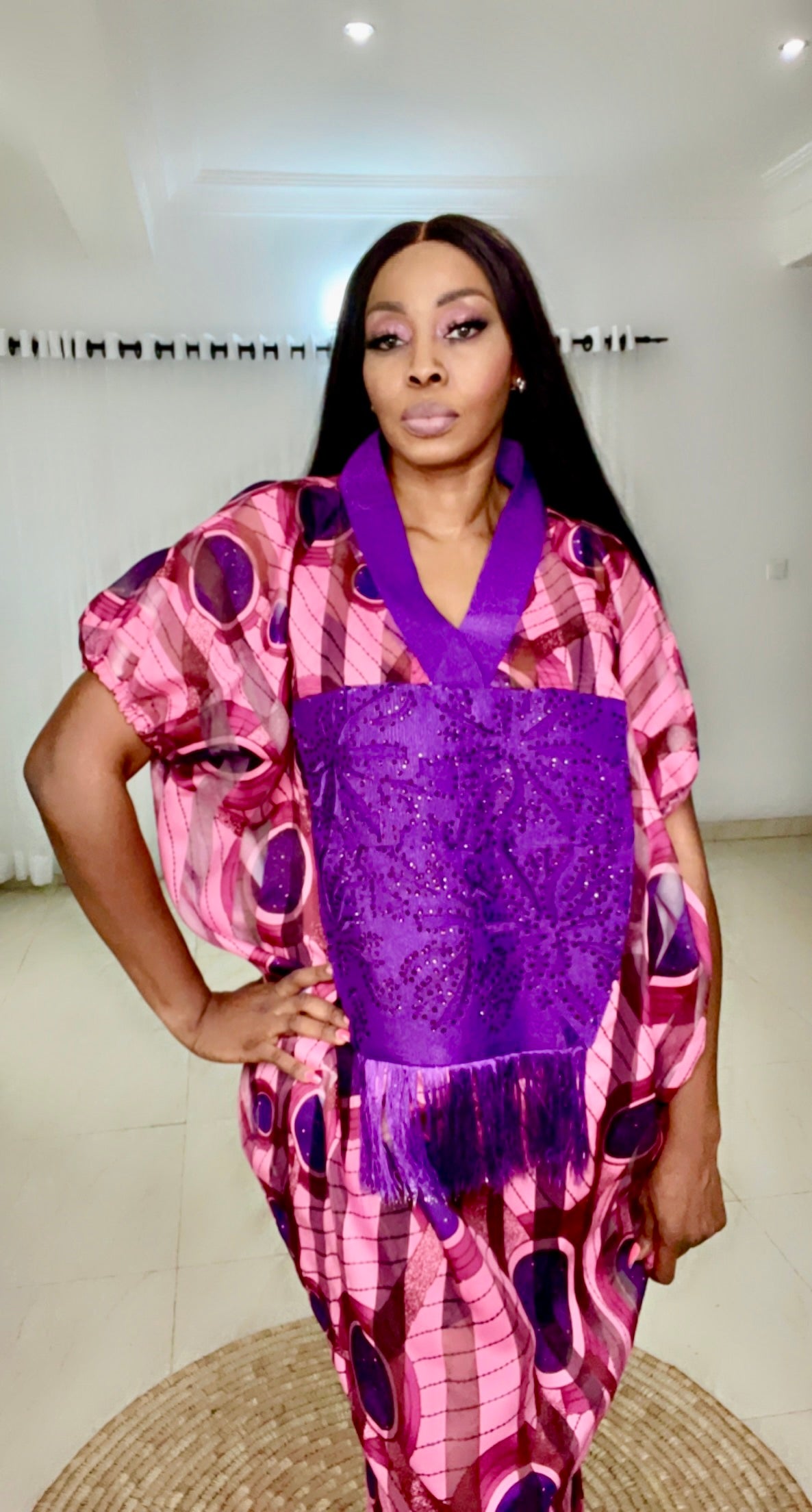 Purple Stripe Organza Kaftan with stoned front - 086