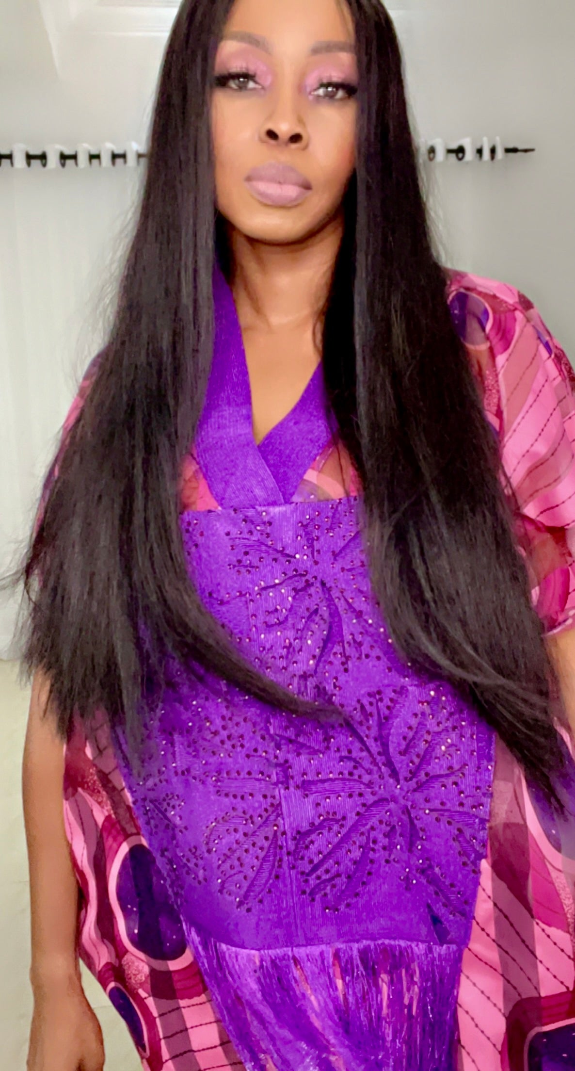 Purple Stripe Organza Kaftan with stoned front - 086