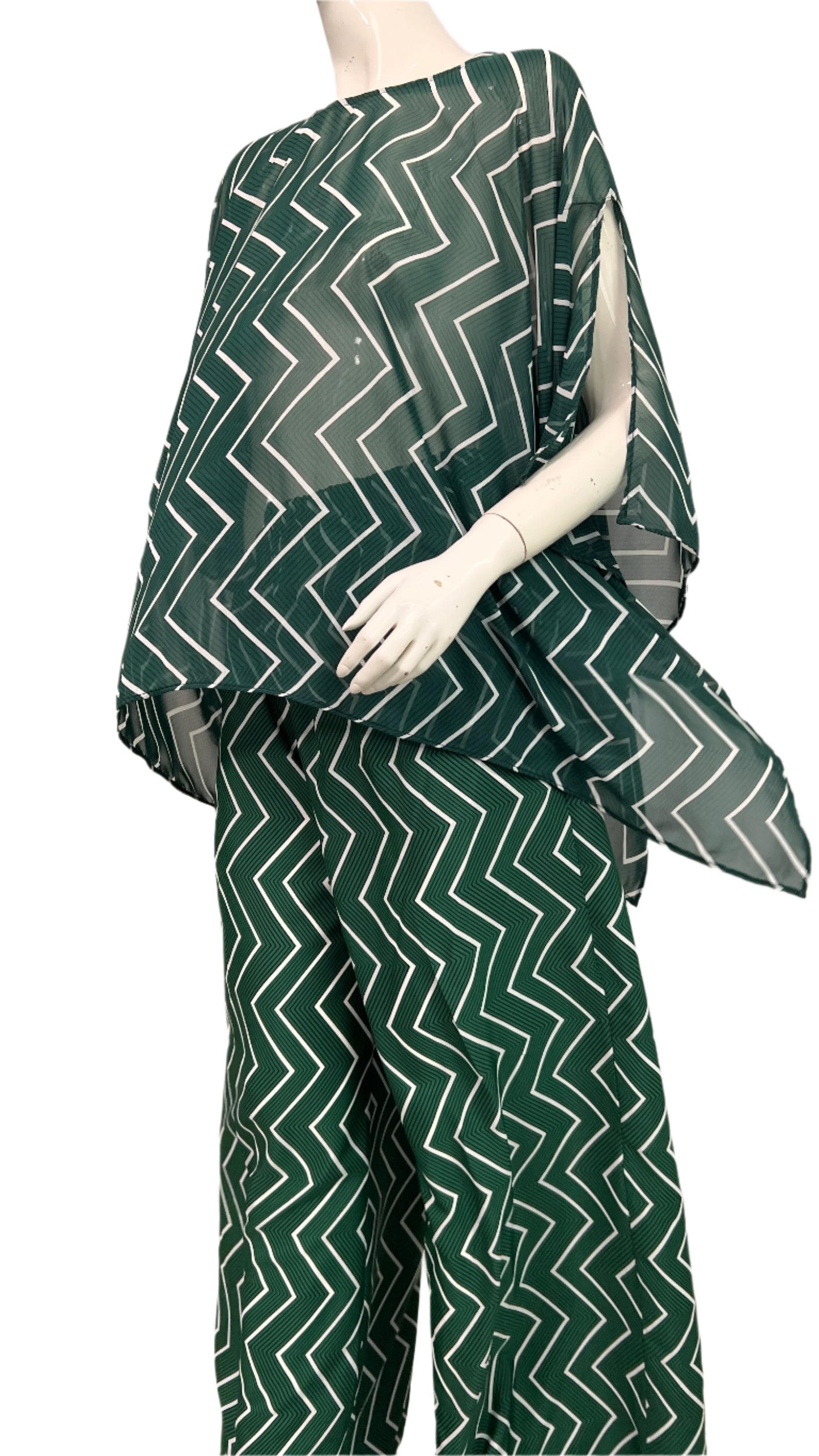Green chiffon silk Pant Suit with pockets Summer Party - 088- Tall Length