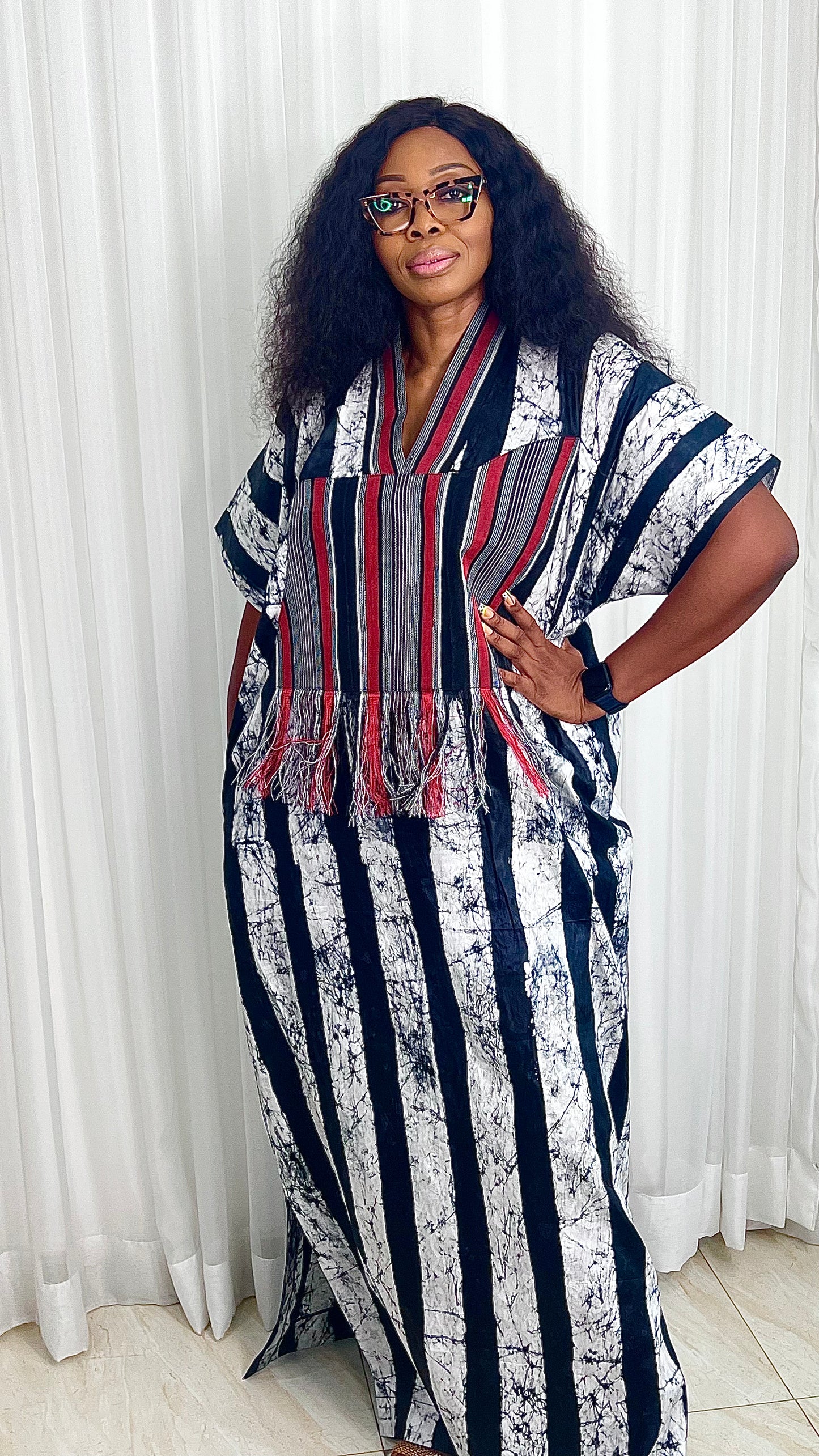 Eezzy Batik Brocade Blk/White/Red Kaftan Maxi Dress - 007