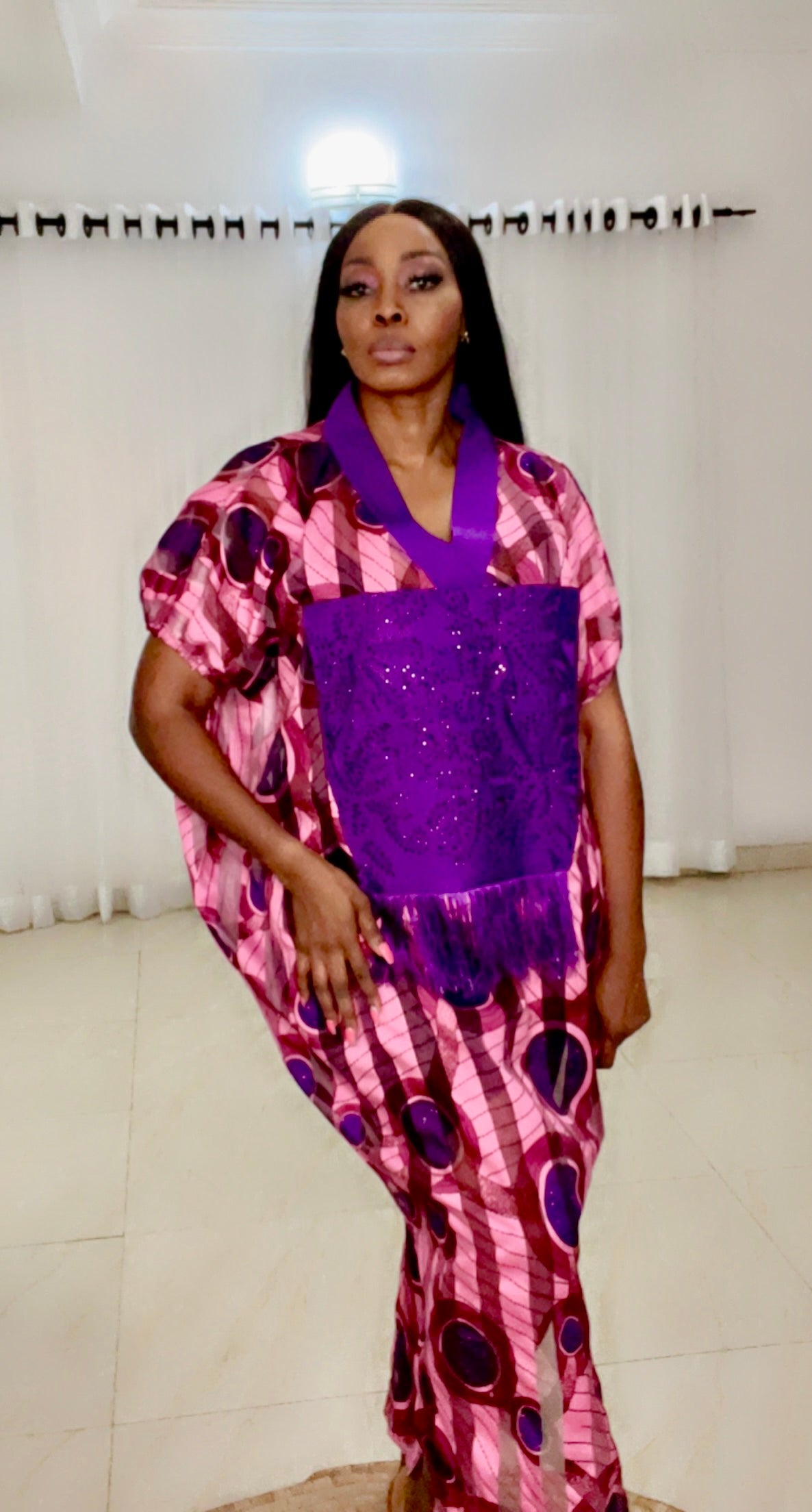 Purple Stripe Organza Kaftan with stoned front - 086