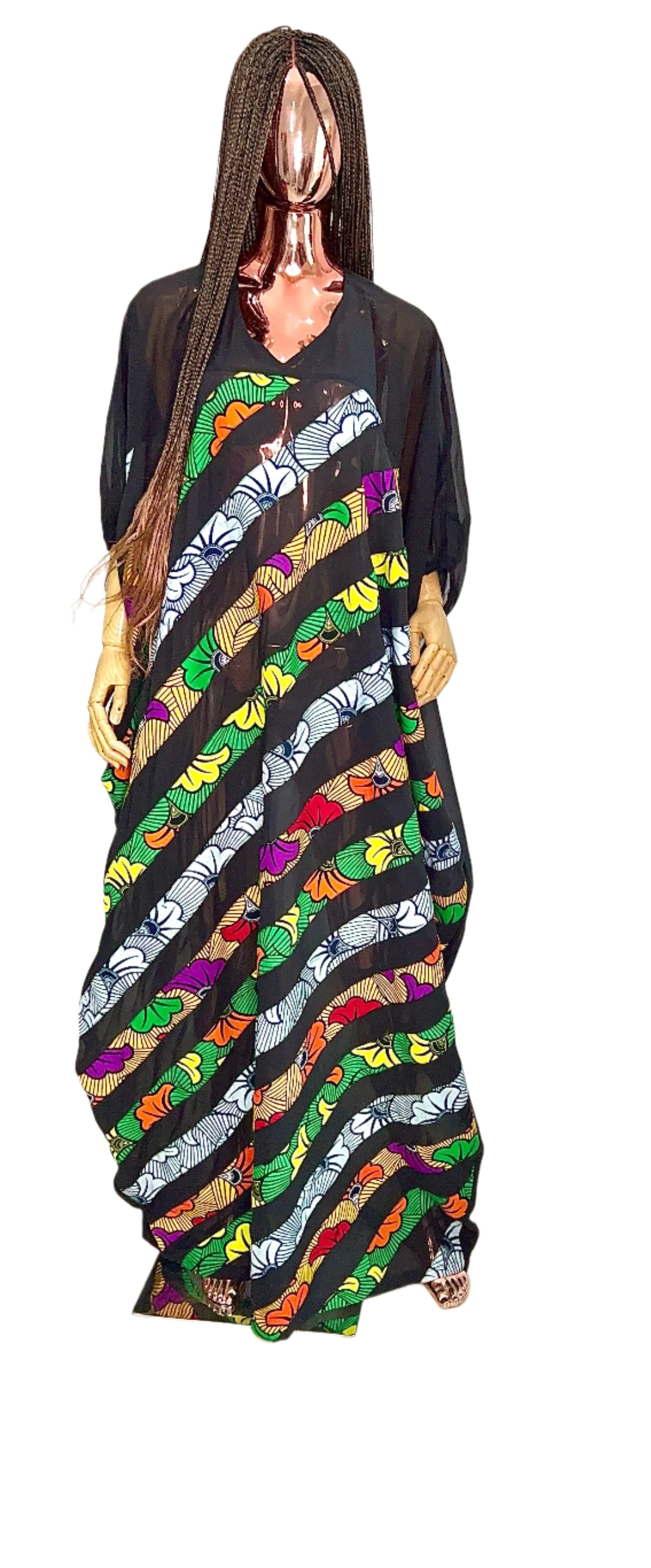 Patchwork Ankara Chiffon Kaftan - 085 Red Black