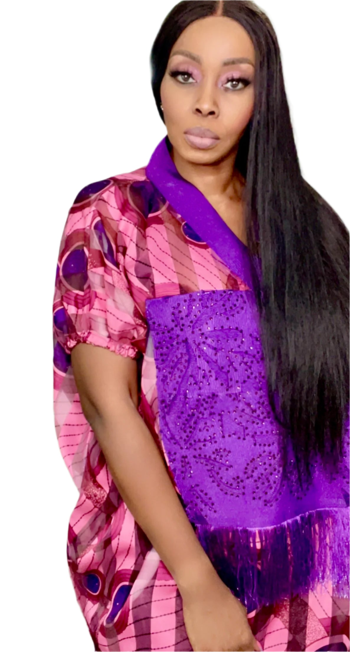 Purple Stripe Organza Kaftan with stoned front - 086