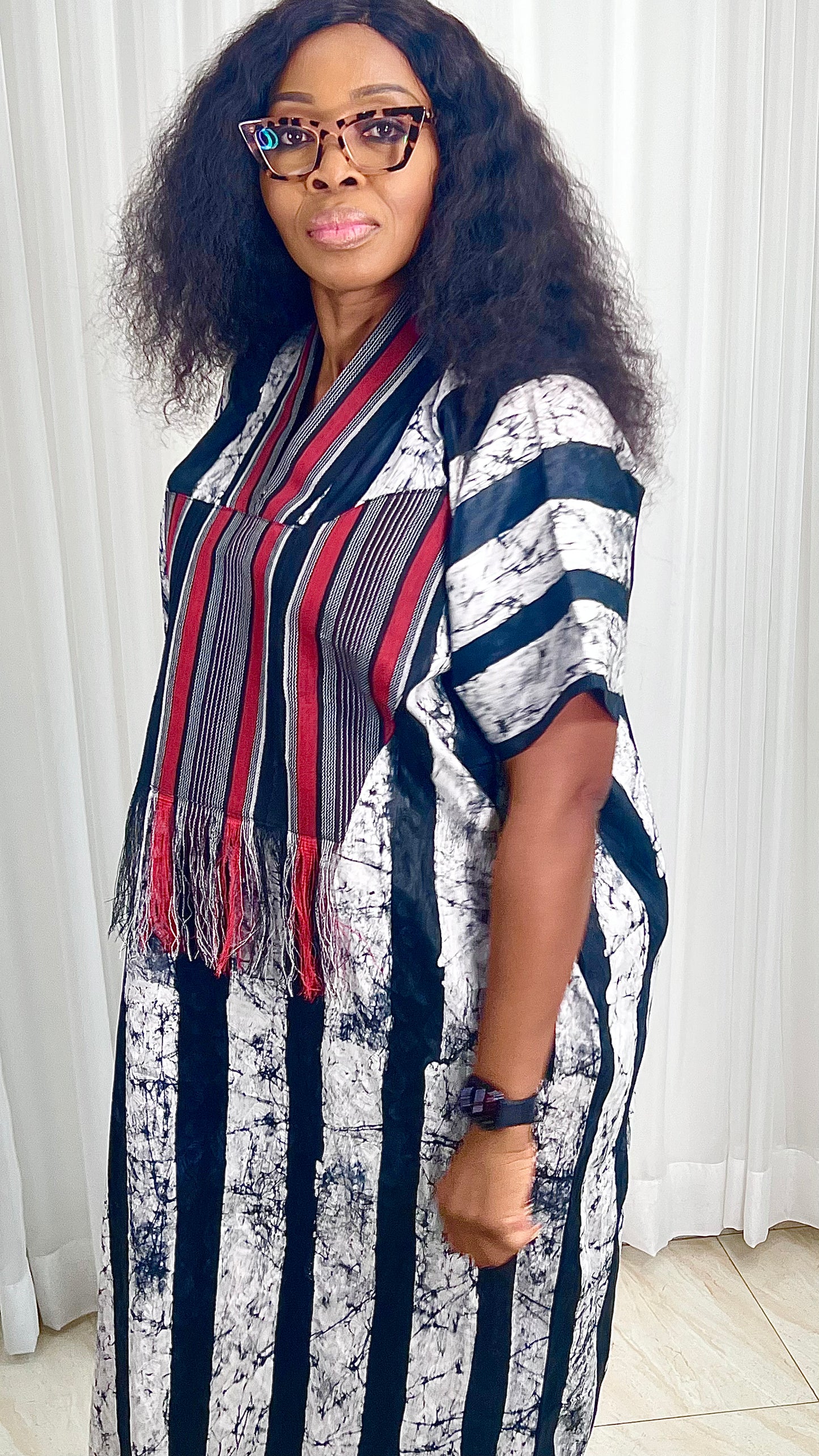 Eezzy Batik Brocade Blk/White/Red Kaftan Maxi Dress - 007
