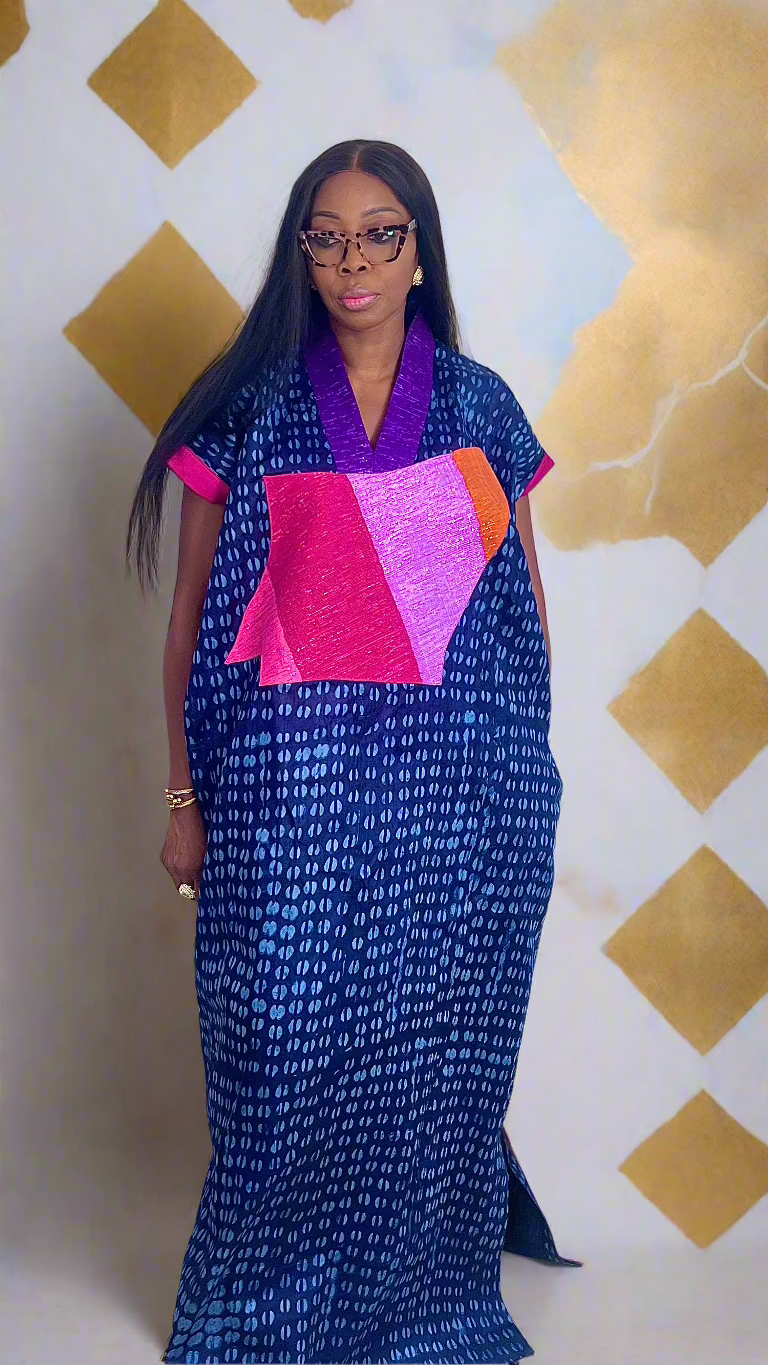 Adire Batik Tye Dye Brocade kaftan BouBou Caftan Shirt dress Summer Beach wear Evening wear maxi gown with slit - 061