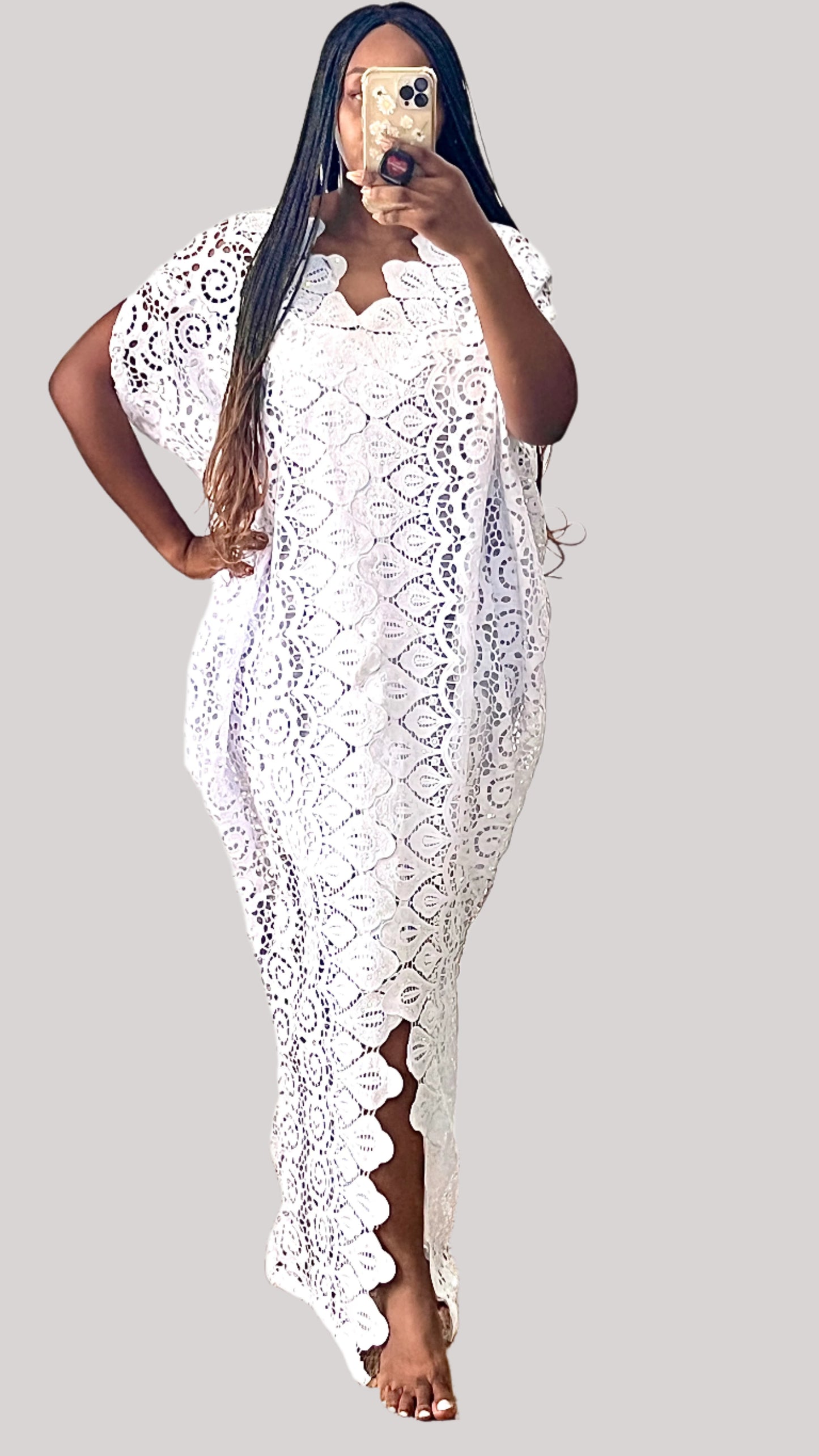 White Lace Kaftan Evening Gown/maxi Dress - 058