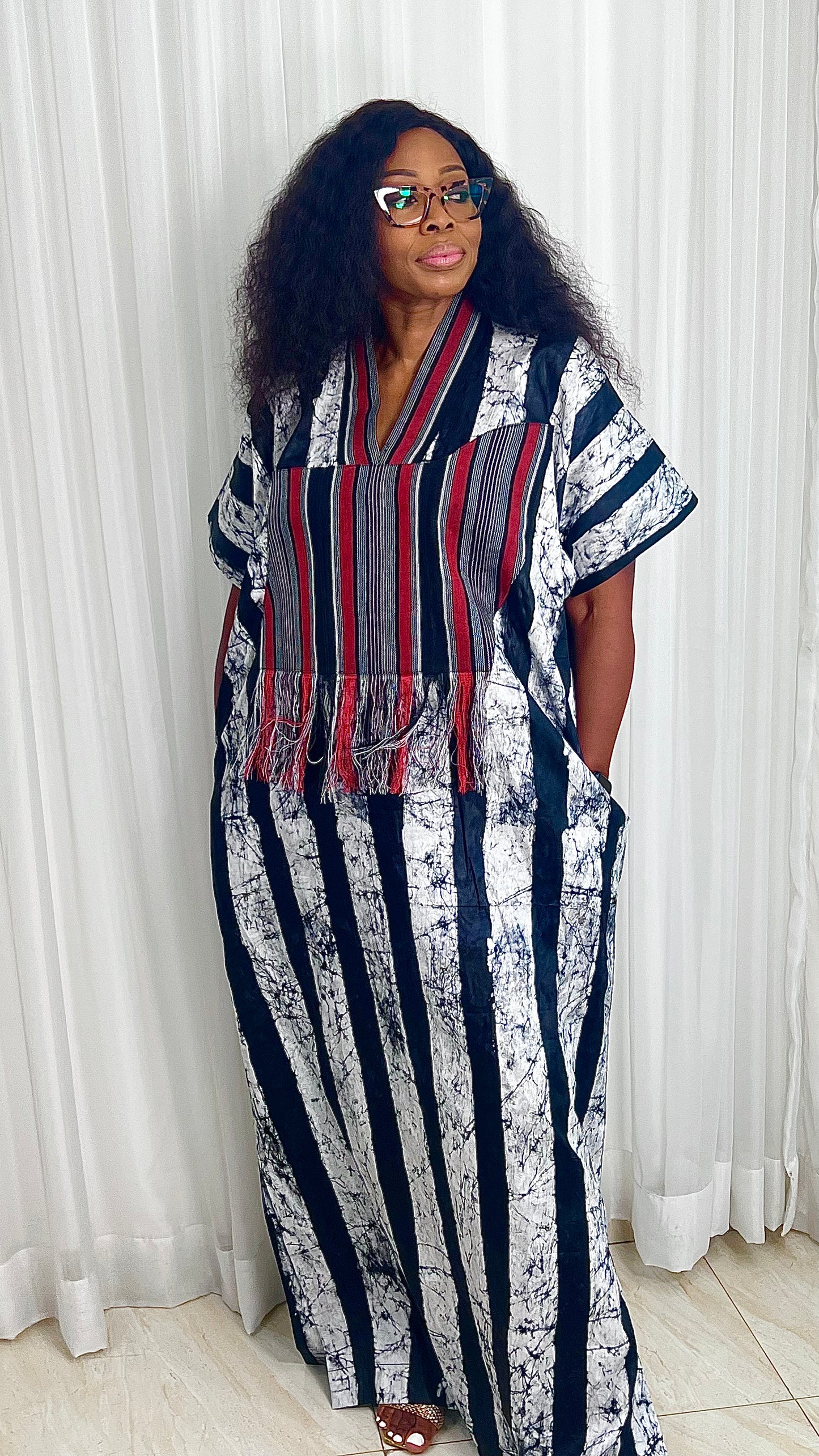 Eezzy Batik Brocade Blk/White/Red Kaftan Maxi Dress - 007