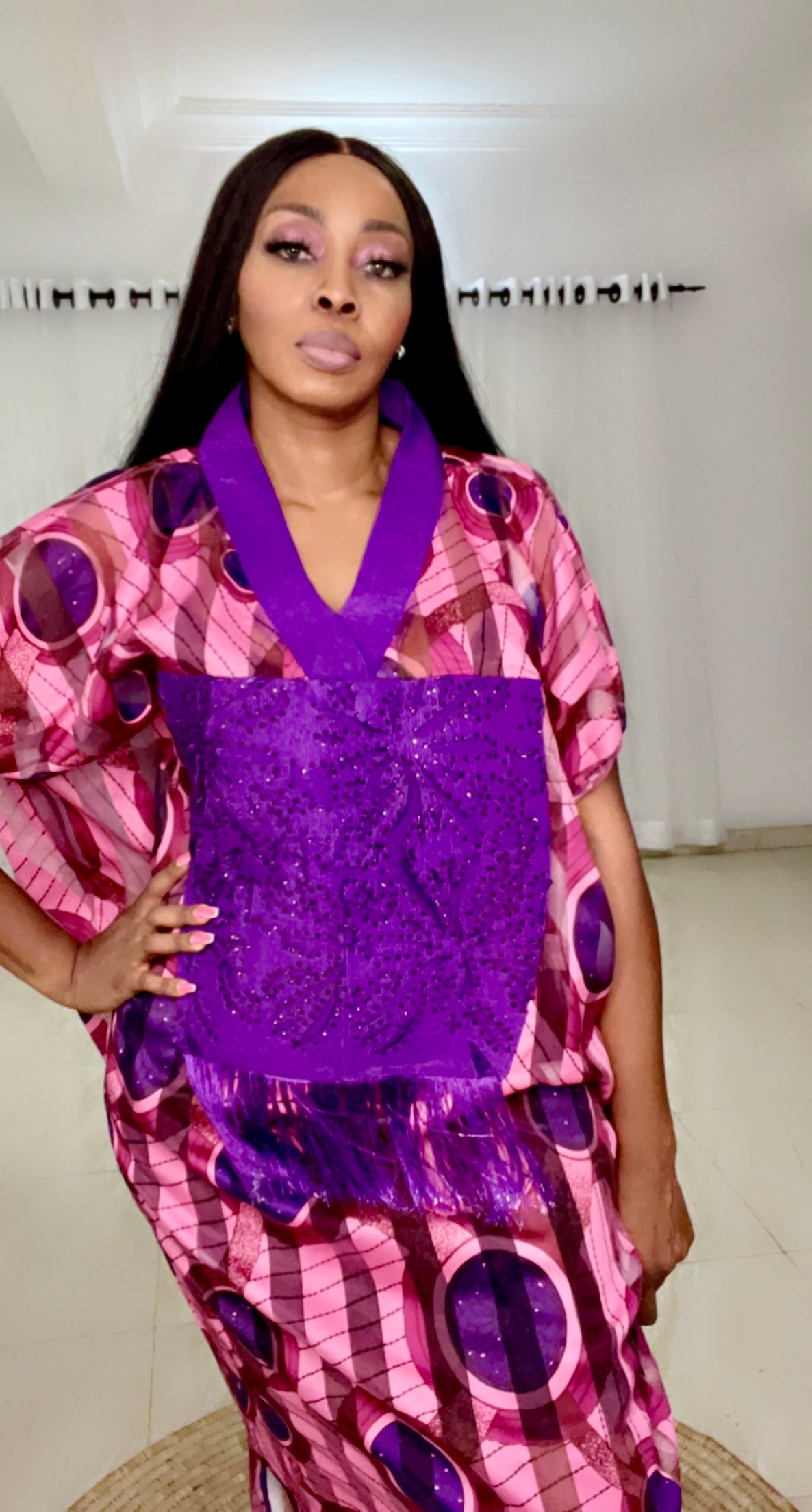 Purple Stripe Organza Kaftan with stoned front - 086