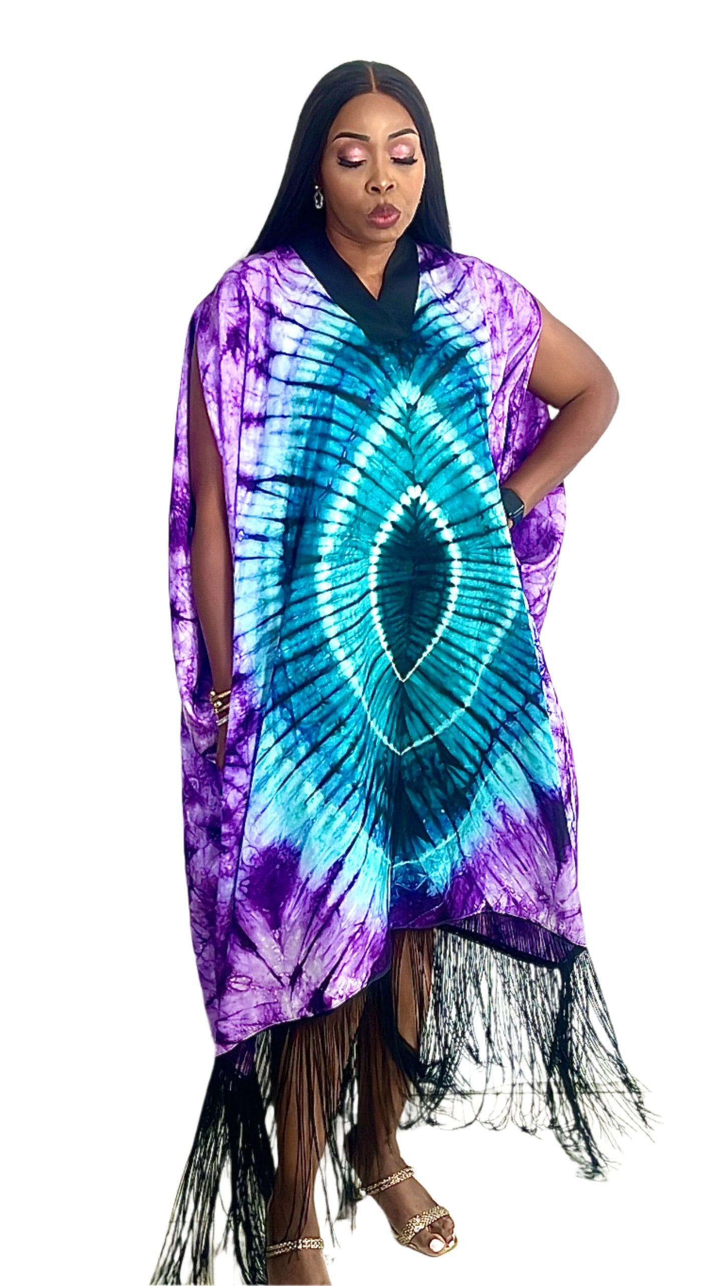 Adire/Tye Dye silk kaftan/BouBou/Caftan Shirt dress Summer/Beach wear Evening wear maxi/gown - 050