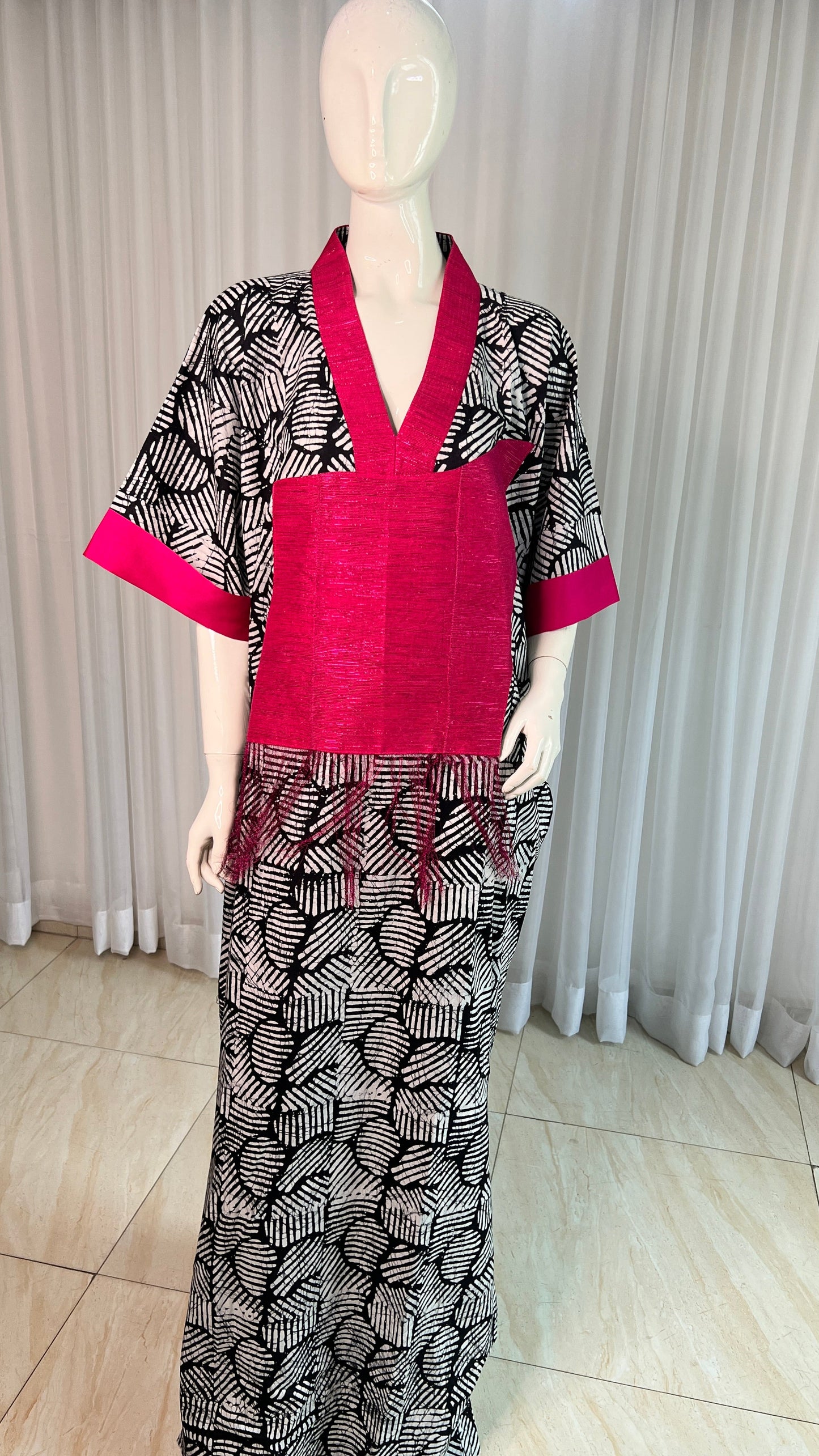 Eezzy Batik Cotton Blk/White/Pink Kaftan Maxi Dress - 013