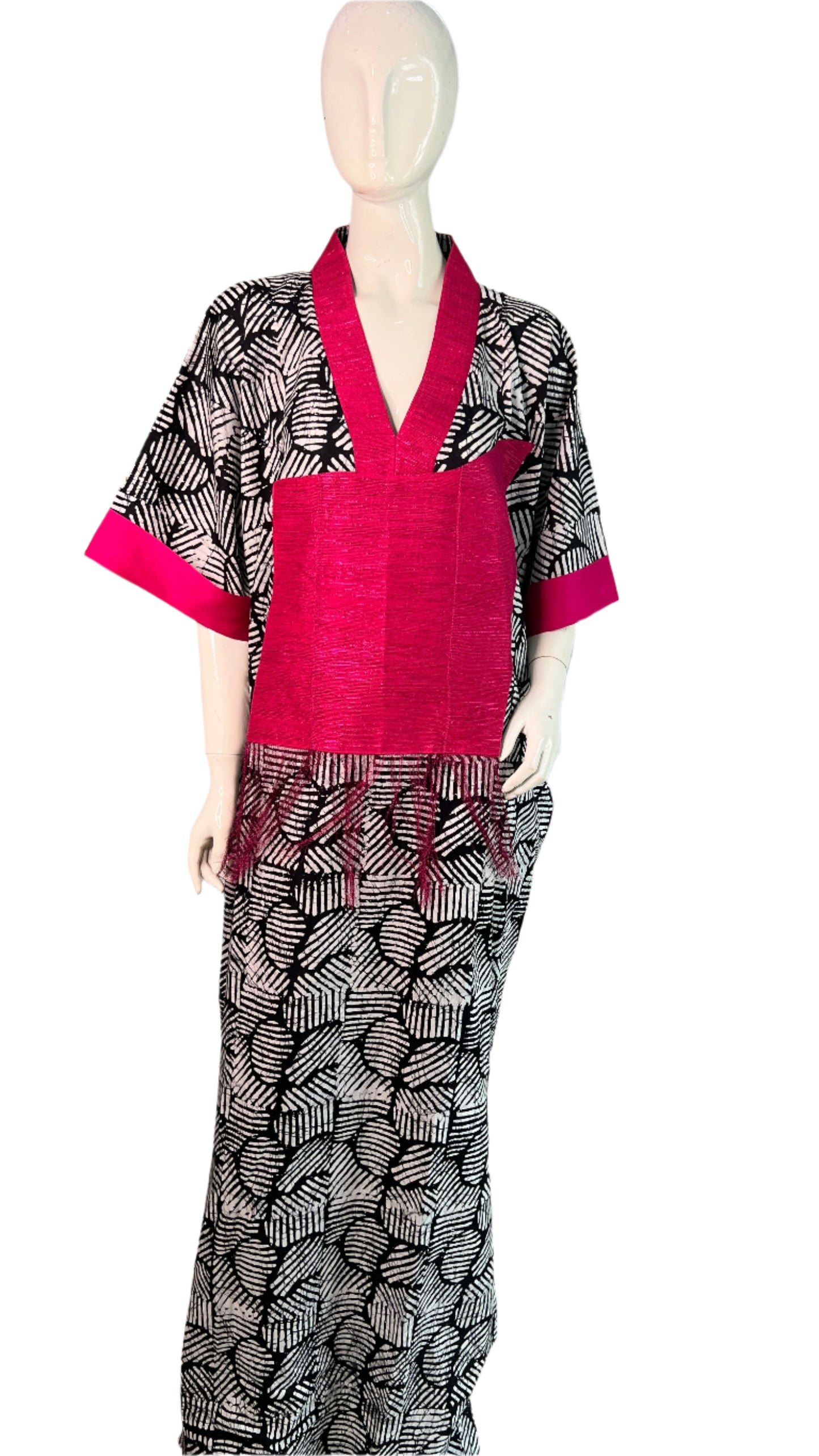 Eezzy Batik Cotton Blk/White/Pink Kaftan Maxi Dress - 013