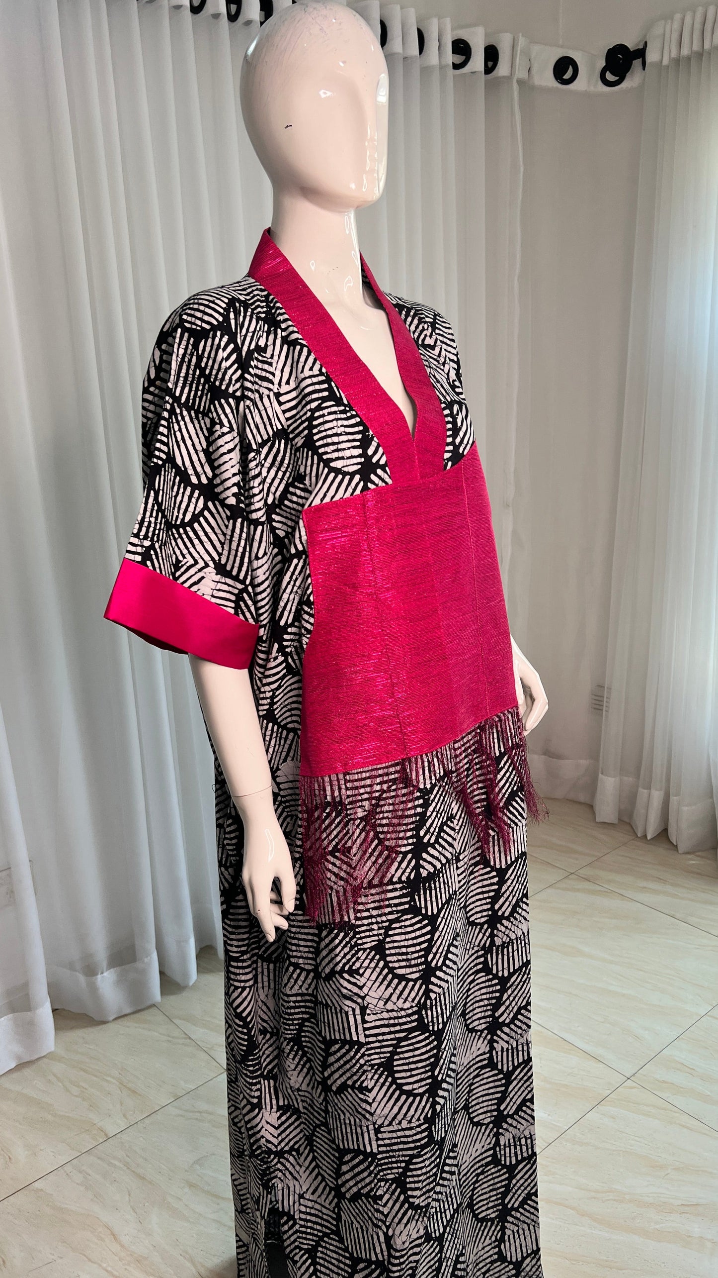 Eezzy Batik Cotton Blk/White/Pink Kaftan Maxi Dress - 013