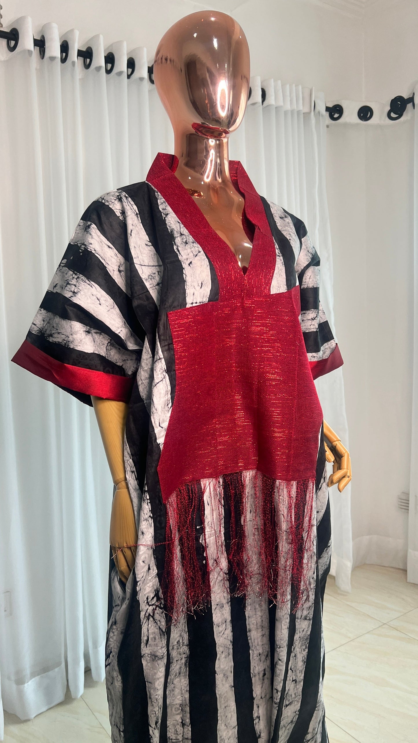 Eezzy Batik Brocade Blk/White/Red Kaftan Maxi Dress - 007