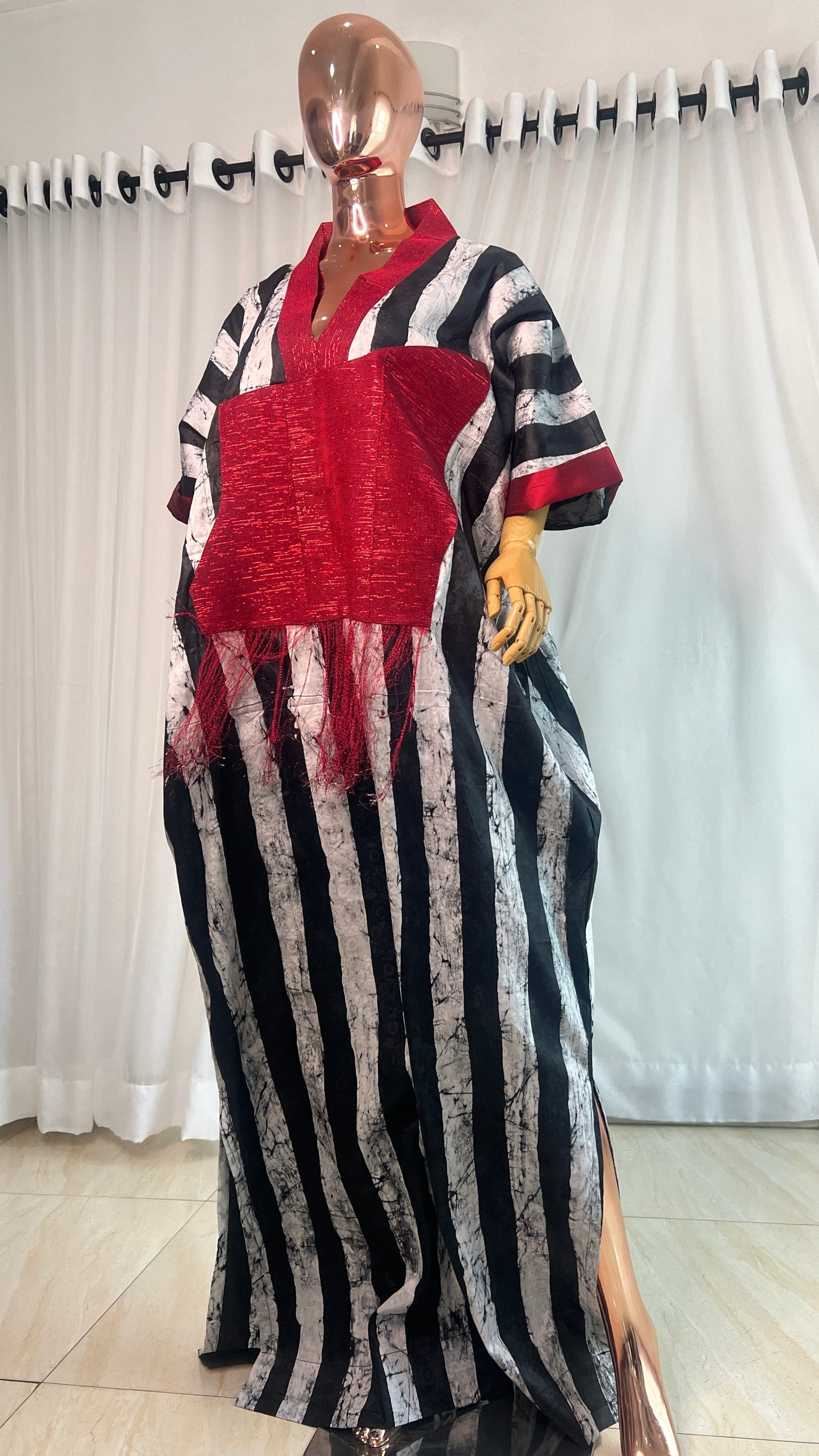 Eezzy Batik Brocade Blk/White/Red Kaftan Maxi Dress - 007