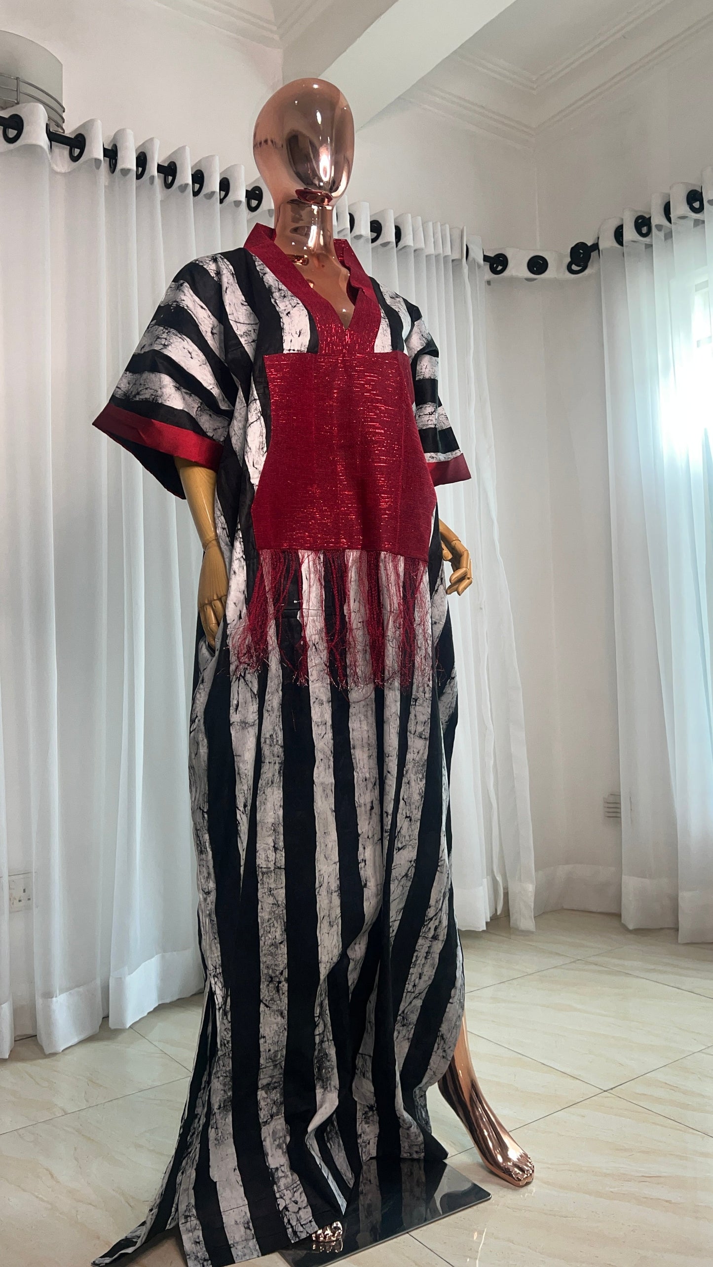 Eezzy Batik Brocade Blk/White/Red Kaftan Maxi Dress - 007