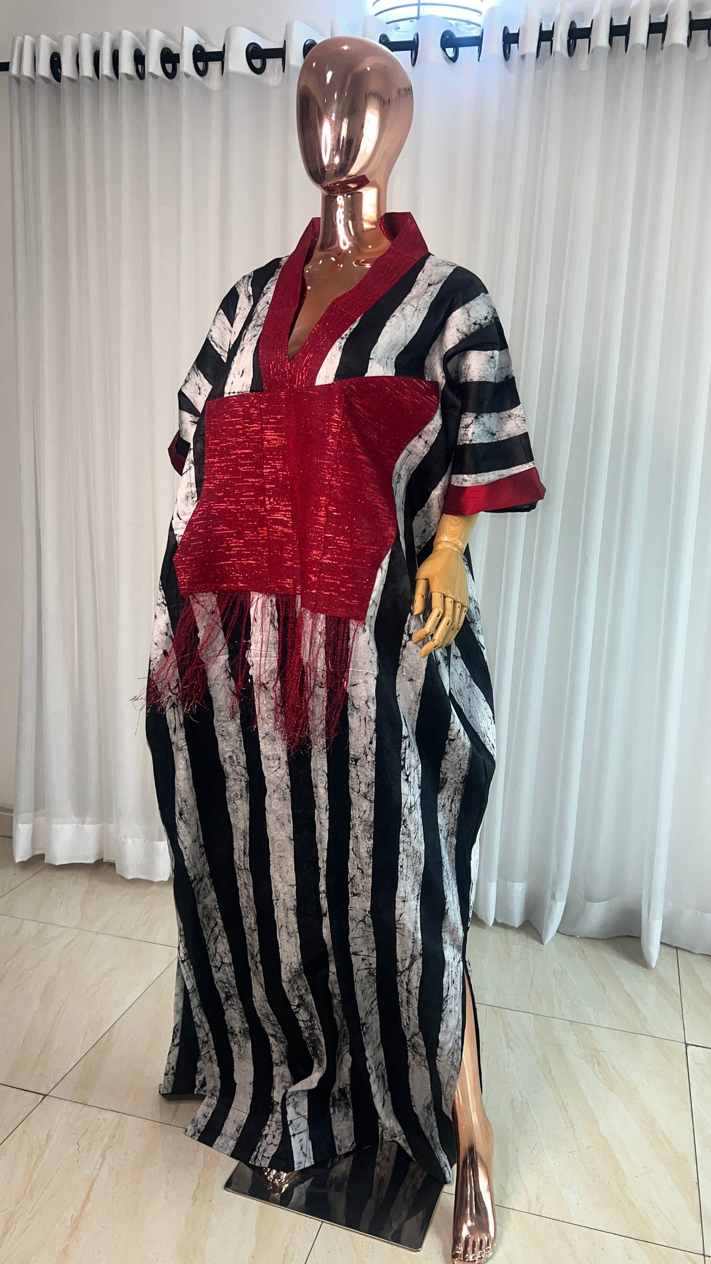 Eezzy Batik Brocade Blk/White/Red Kaftan Maxi Dress - 007