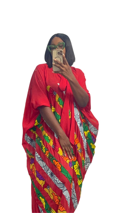 Patchwork Ankara Chiffon Kaftan - 085 Red Black