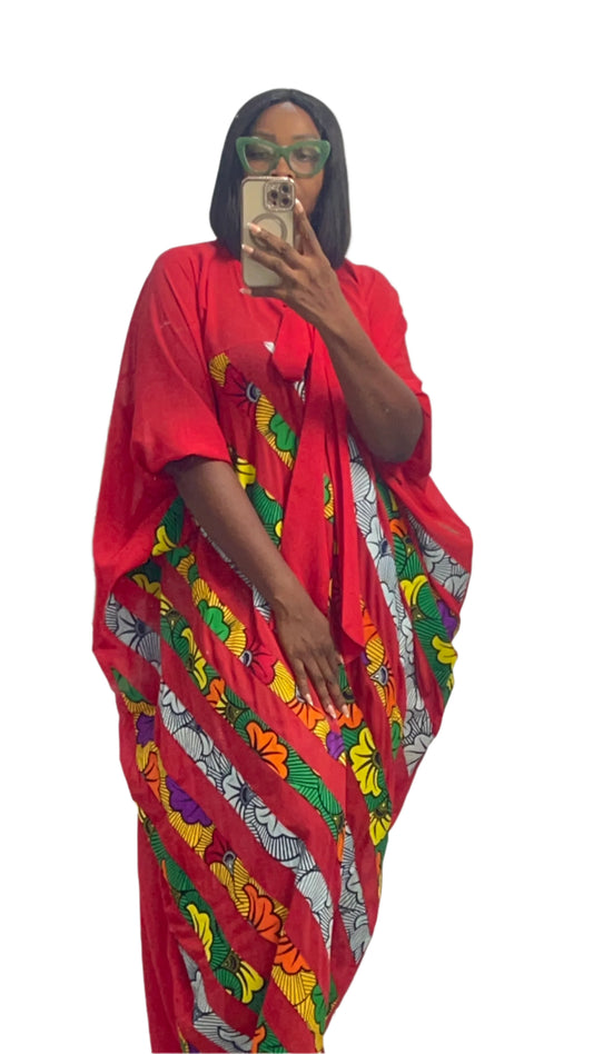 Patchwork Ankara Chiffon Kaftan - 085 Red Black