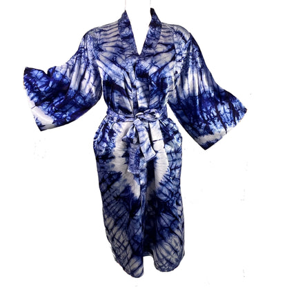 ADAMMA Women Silky Adire Tie-Dye African Robe Kimono Beach cover up Bridal Shower Loungewear Short