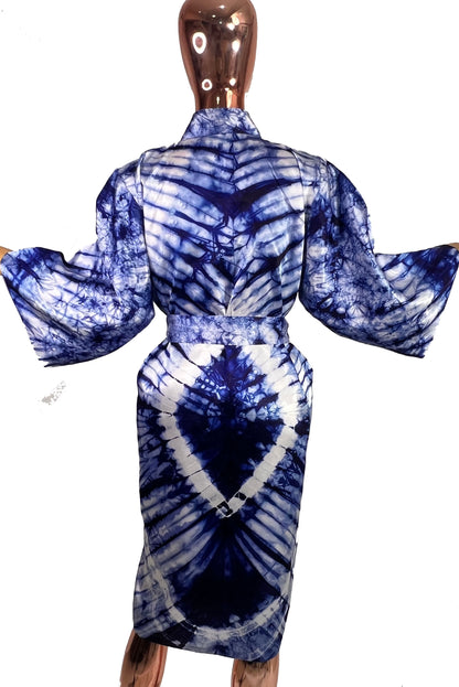 ADAMMA Women Silky Adire Tie-Dye African Robe Kimono Beach cover up Bridal Shower Loungewear Short