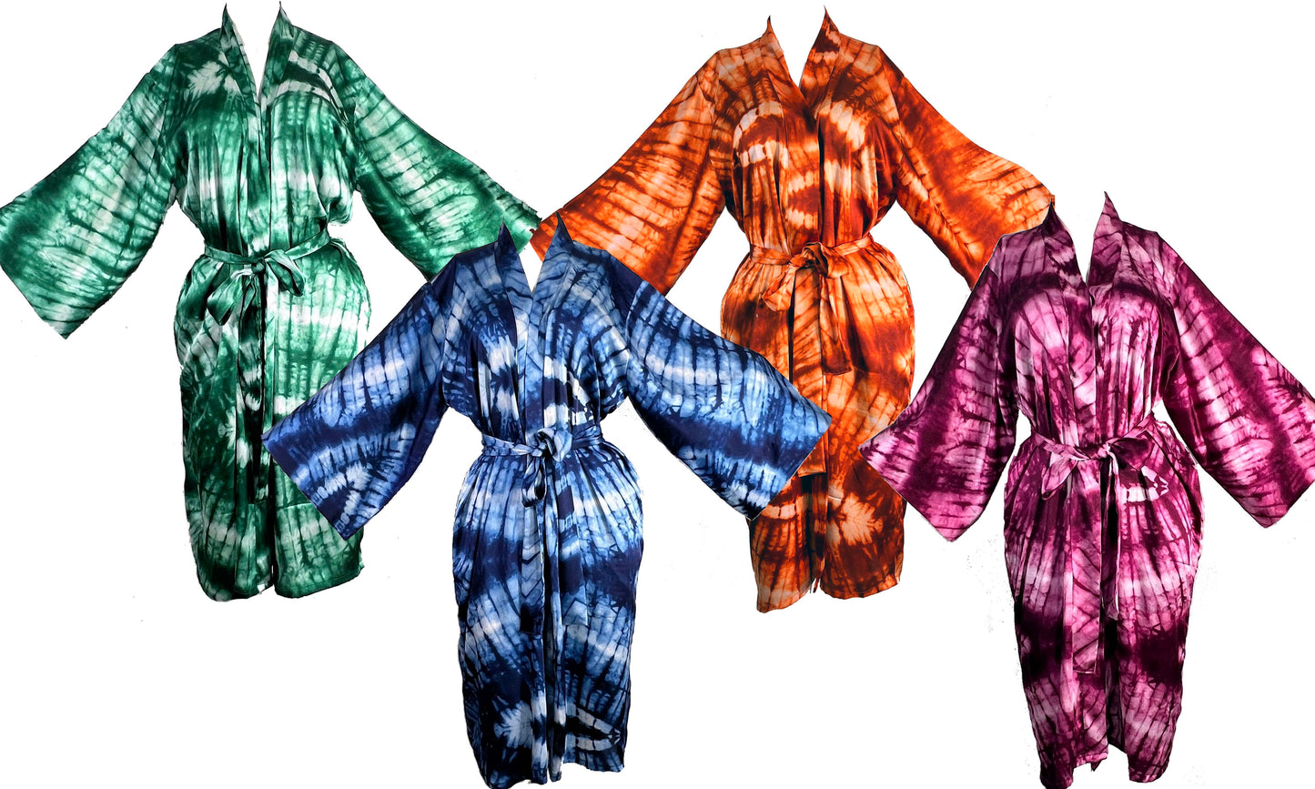 ADAEZE Women Silky Adire Tie-Dye African Robe Kimono Beach cover up Bridal Shower Loungewear Short