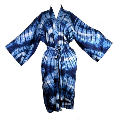 ADAEZE Women Silky Adire Tie-Dye African Robe Kimono Beach cover up Bridal Shower Loungewear Short