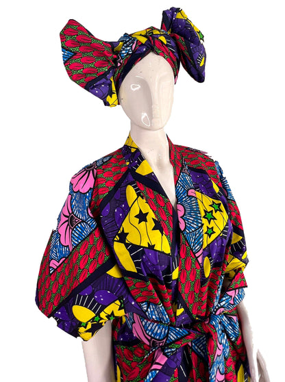 ADAUGO African Print Ankara 100% Cotton Oversize duster Kimono with pockets and scarf - Knee Length