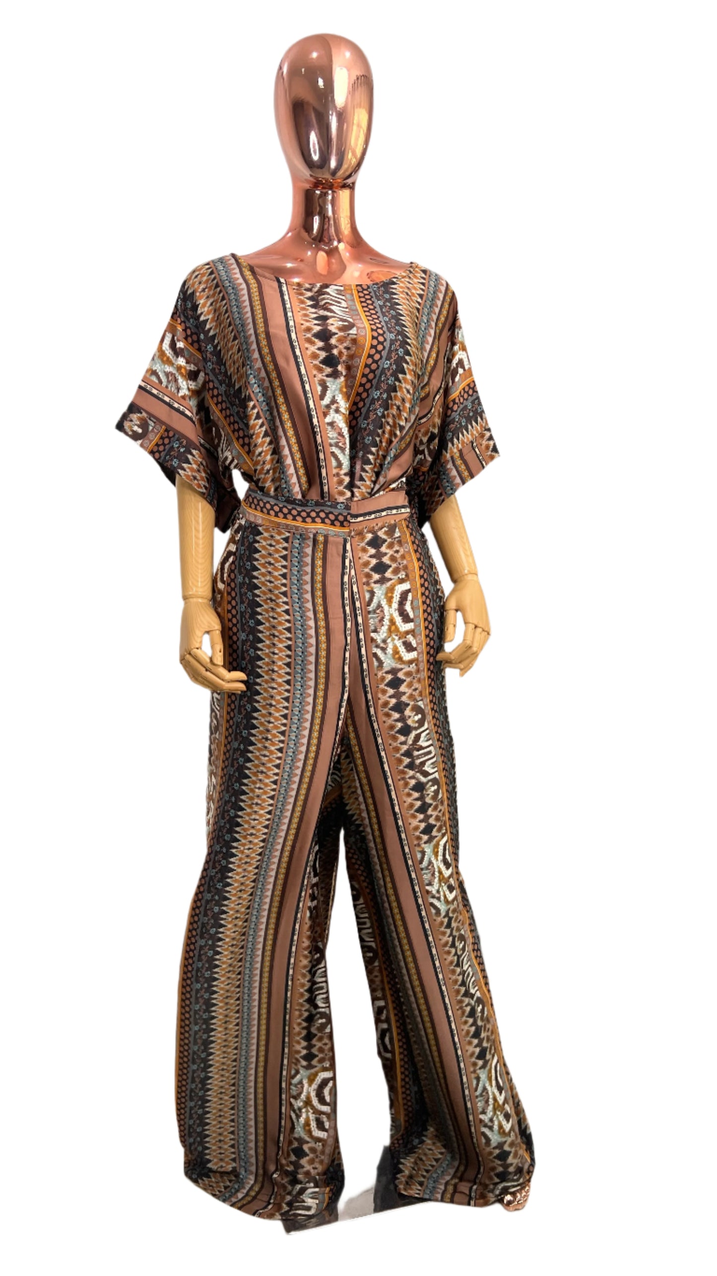 African Print Brown Silk Wrap pant set Summer Party - 078 - Tall Length