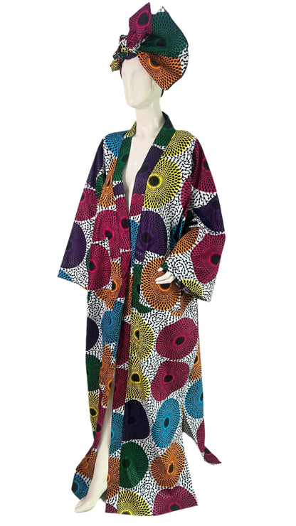 African Print Ankara 100% Cotton Oversize duster Kimono with pockets and scarf - 046 Tall Length