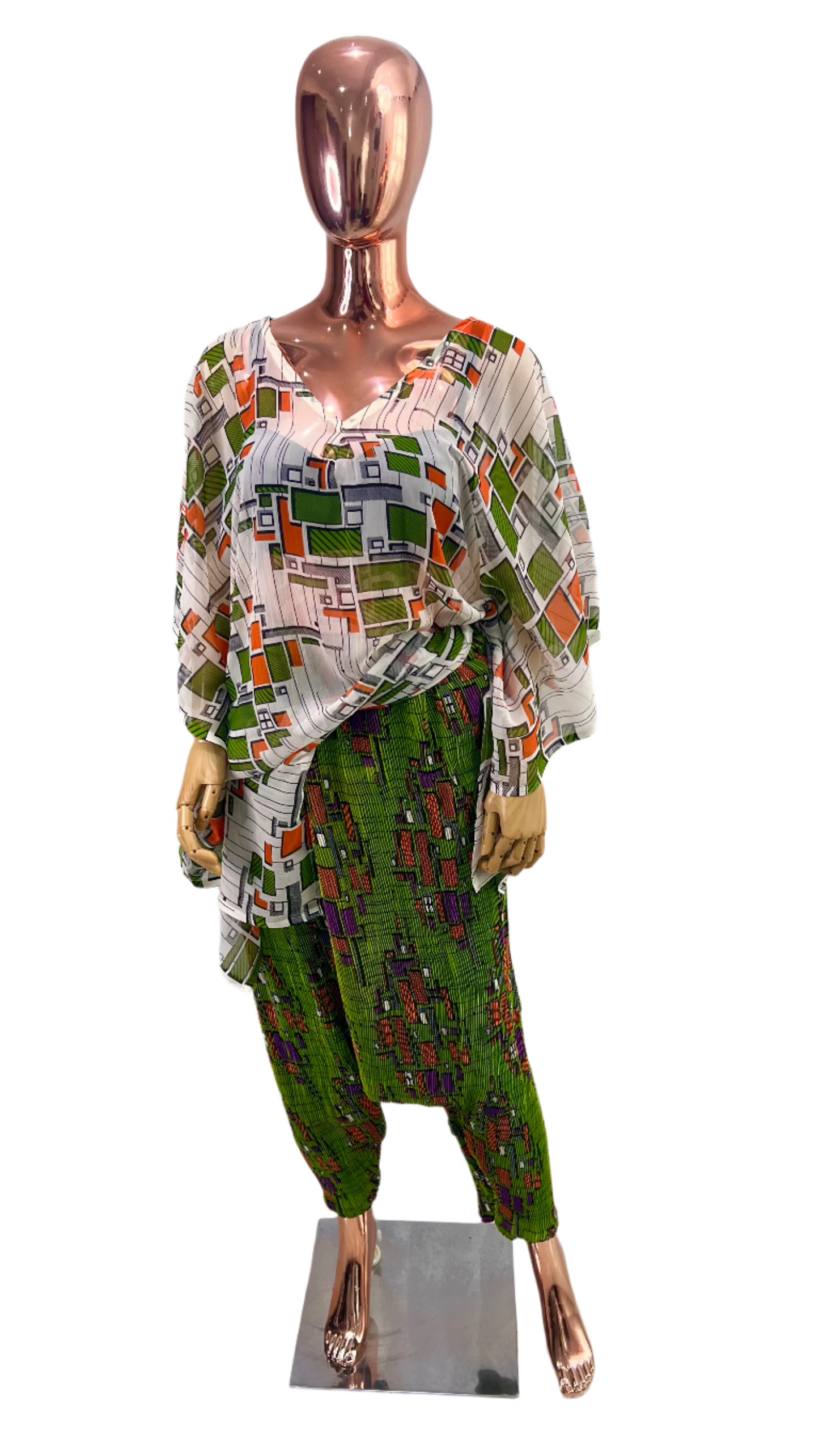 2Piece Summer Party Pant Set - Chiffon and Pleated Silk - 036